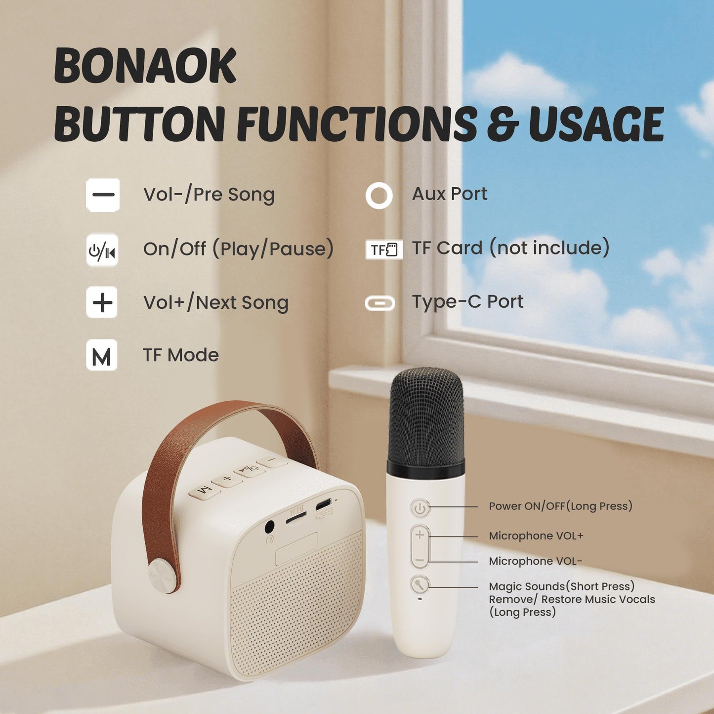 BONAOK Mini Karaoke Machine for Kids Adults, Portable Bluetooth Singing Speaker with Microphone, Ideal Birthday Gift for Girls Boys Home Family Party, Beige
