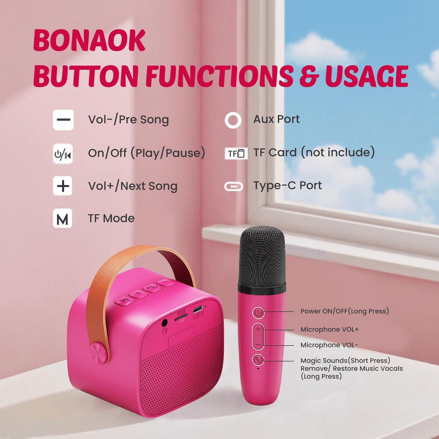 Bonaok Mini Karaoke Machine for Kids, Portable Speaker with 2 Wireless Microphones for Singing, Gift for 4-12+ Years Old Girls, Rose