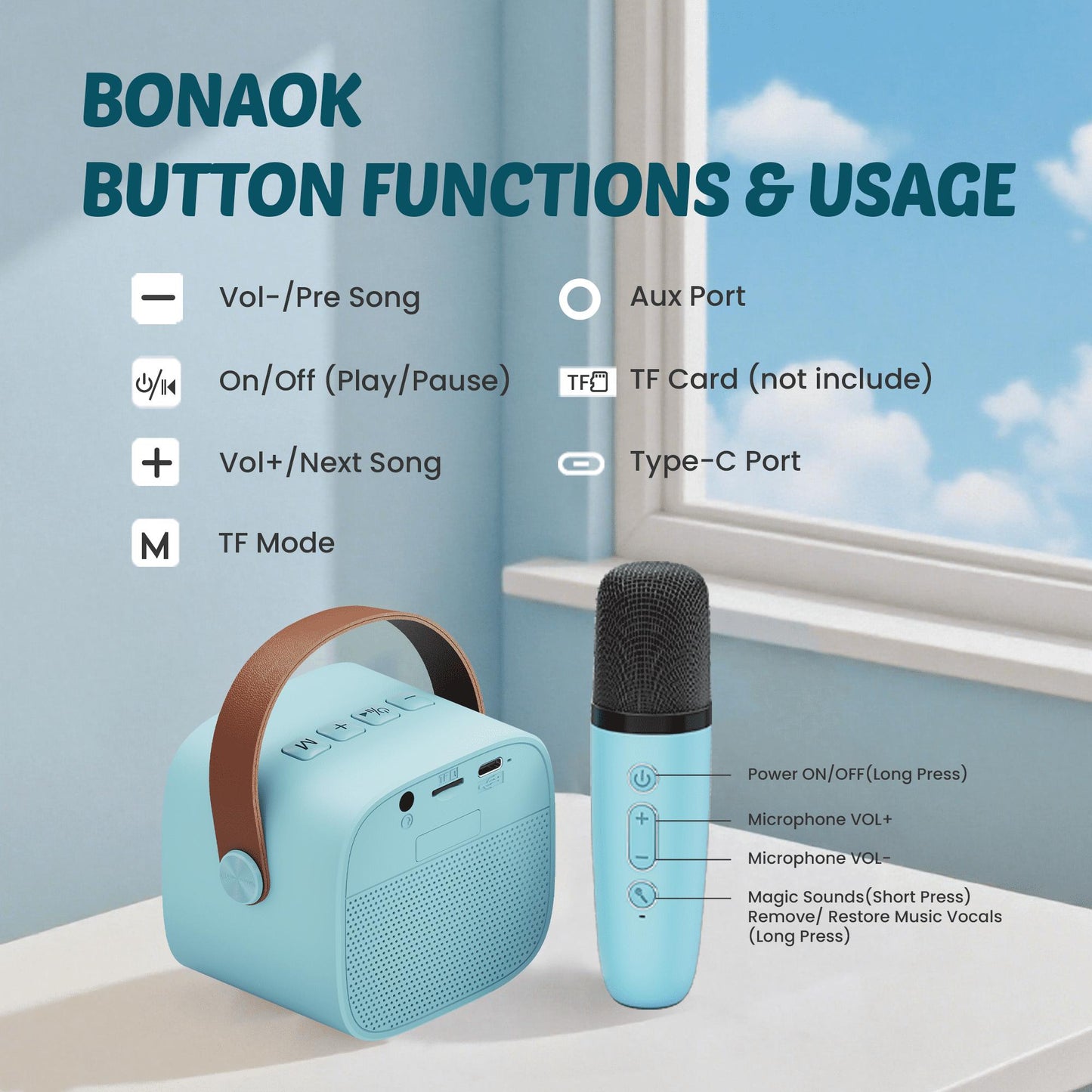 BONAOK Mini Karaoke Machine for Kids Adults, Portable Bluetooth Singing Speaker with Microphone, Ideal Birthday Gift for Girls Boys Home Family Party, Blue
