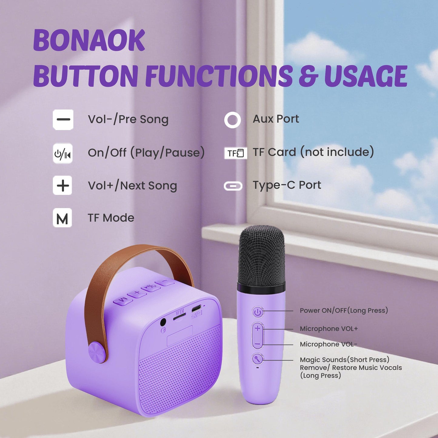 Bonaok Mini Karaoke Machine for Kids, Christmas Portable Speaker with Wireless Microphone for Singing, Gift for 4-12+ Years Old Girls, Purple