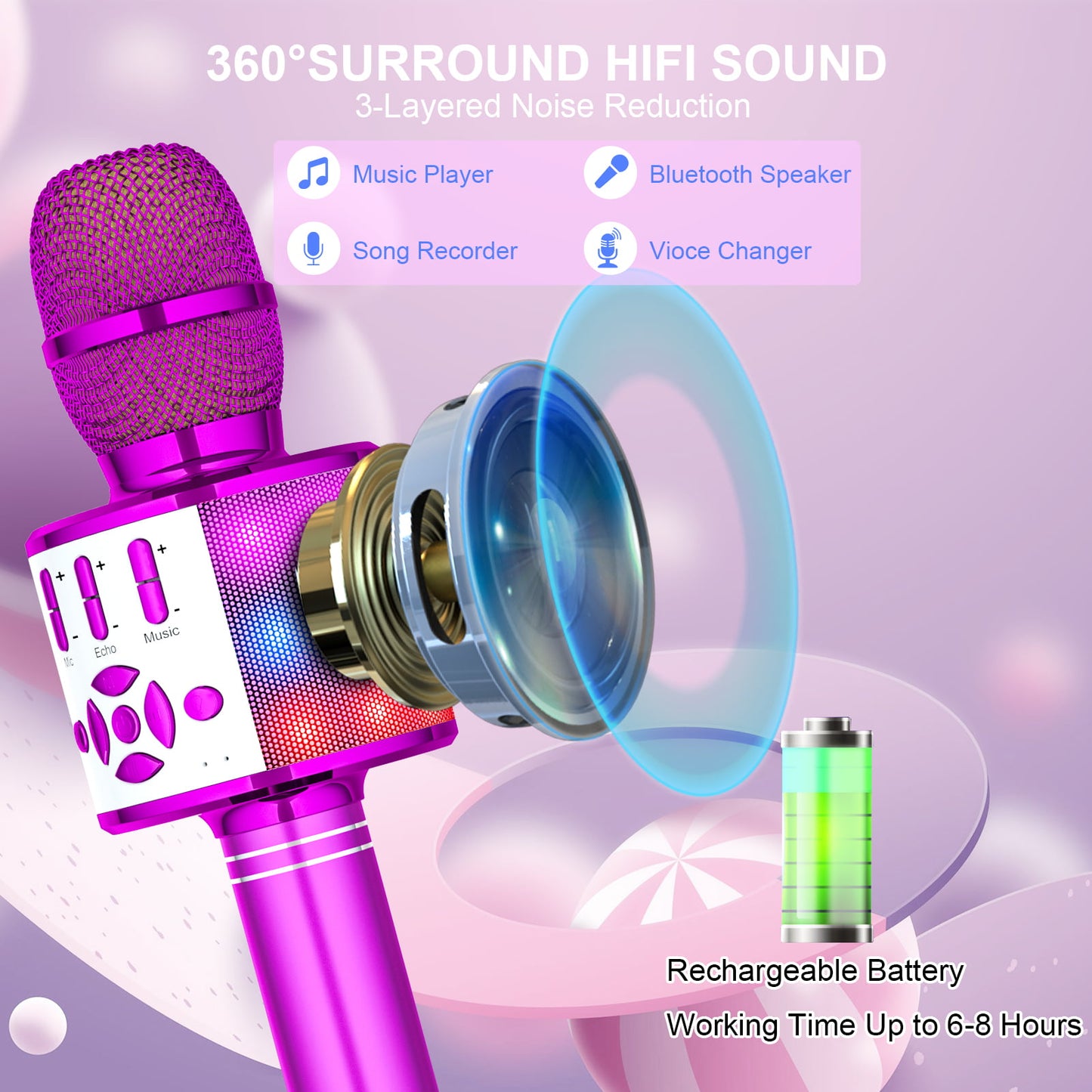 BONAOK Karaoke Microphone For Kids Adults, Wireless Bluetooth Microphone for Singing, Portable Karaoke Machine Handheld with LED Lights, Gift for Teens Girl Boys Adults Birthday Party(Rose Gold)