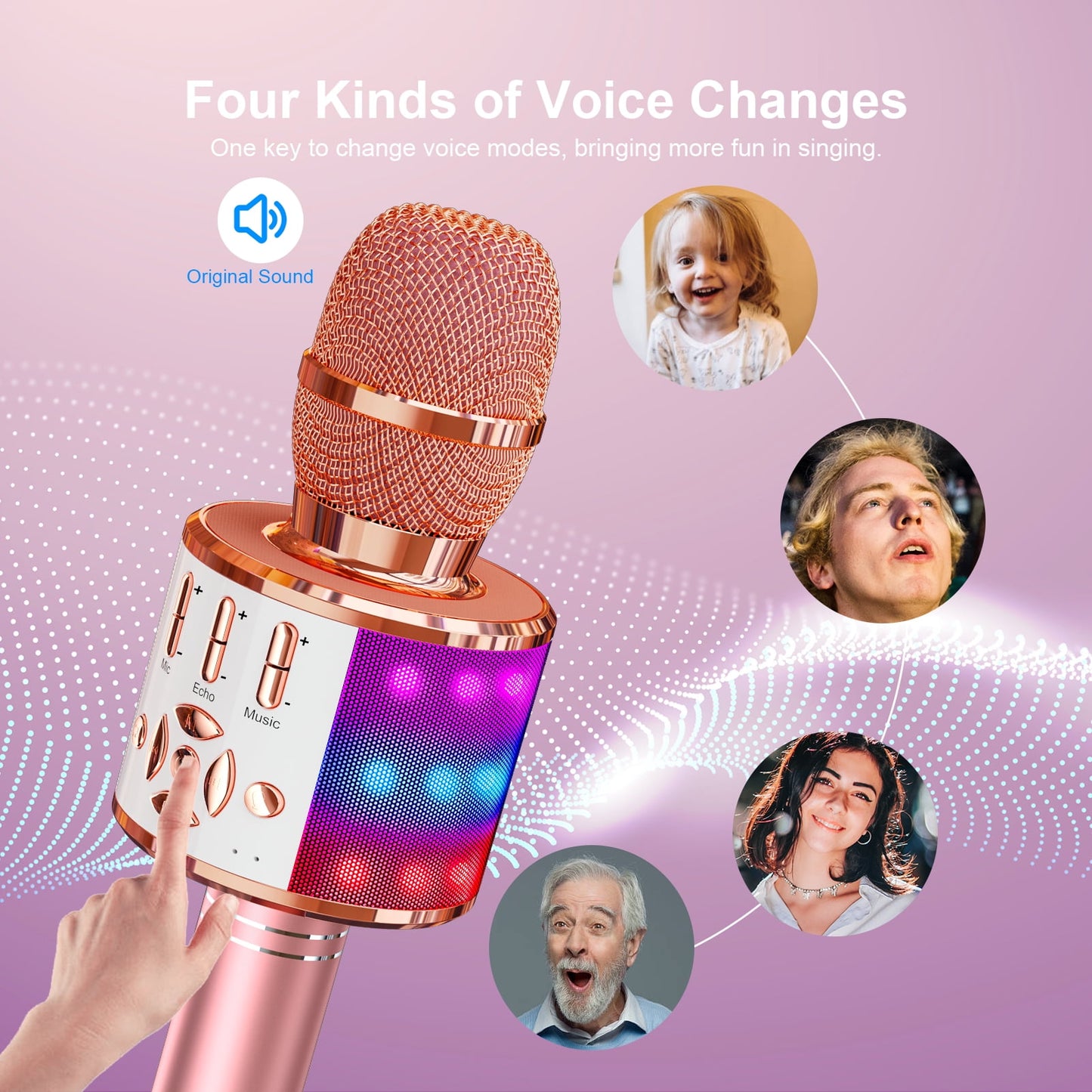 BONAOK Karaoke Microphone For Kids Adults, Wireless Bluetooth Microphone for Singing, Portable Karaoke Machine Handheld with LED Lights, Gift for Teens Girl Boys Adults Birthday Party(Rose Gold)