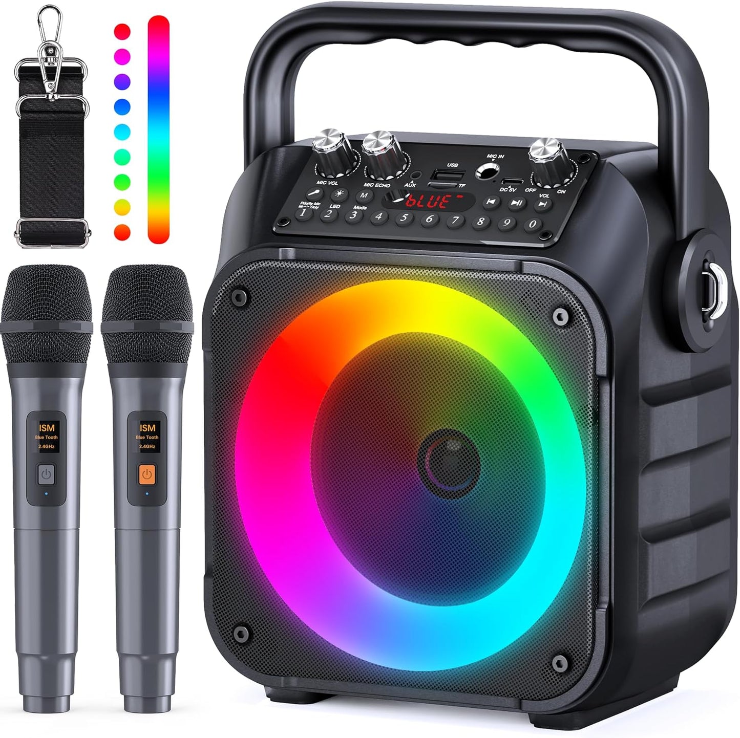 BONAOK Karaoke Machine With 2 Microphones for Adult and Kids, Karaoke Speaker Wireless Bluetooth Portable with Mics PA System-Black