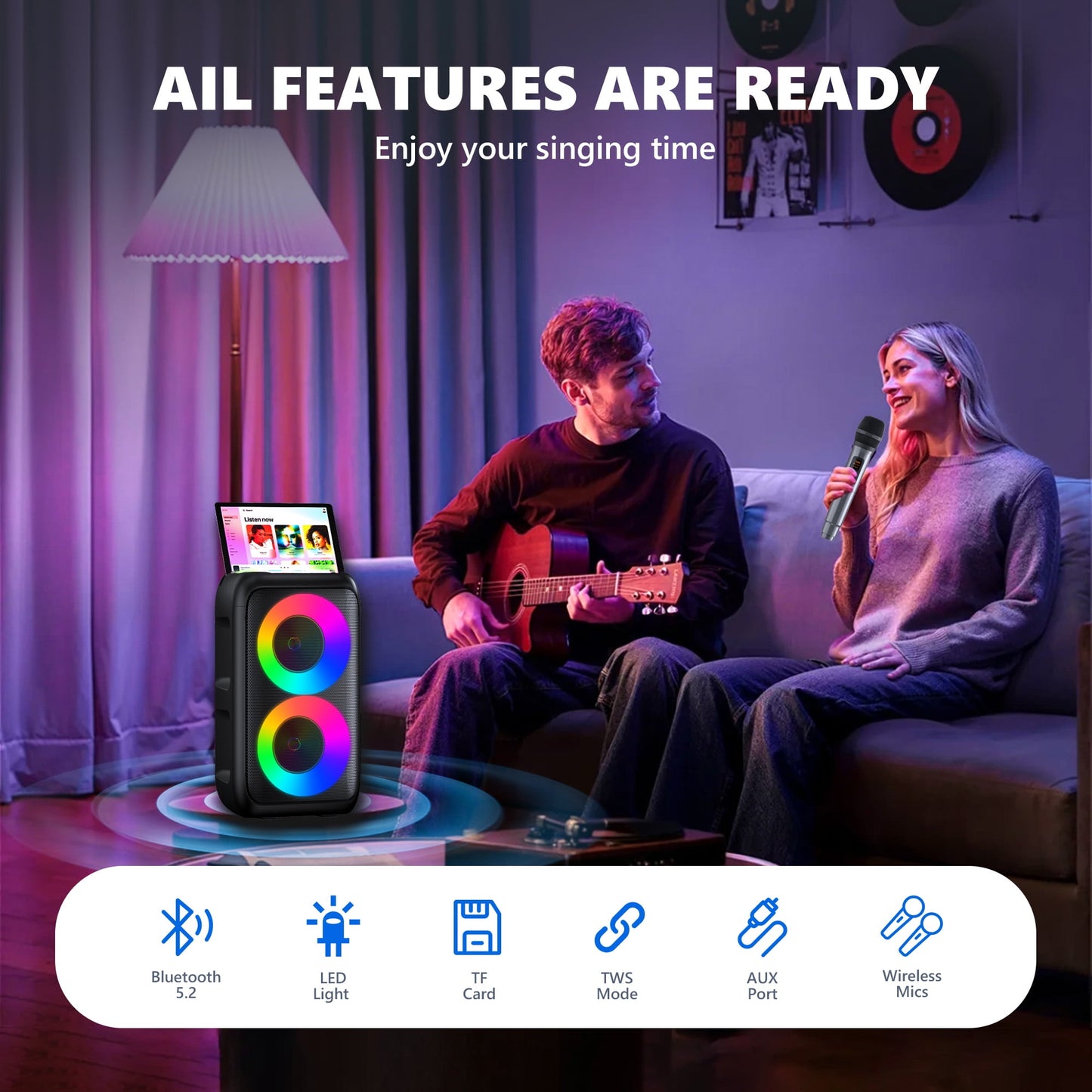 BONAOK Karaoke Machine for Adults, Portable Bluetooth Speaker with 2 Wireless Karaoke Microphones, Birthday Gift
