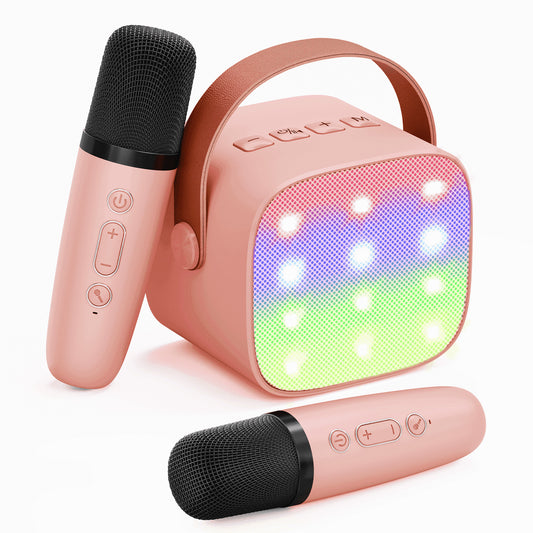 BONAOK Mini Karaoke Machine for Kids Adults, Portable Bluetooth Singing Speaker with 2 Mics, Ideal Birthday Gift for Girls Boys Home Family Party, Pink
