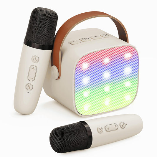 Bonaok Mini Karaoke Machine for Kids, Portable Speaker with 2 Wireless Microphones for Singing, Gift for 4-12+ Years Old Girls, Beige