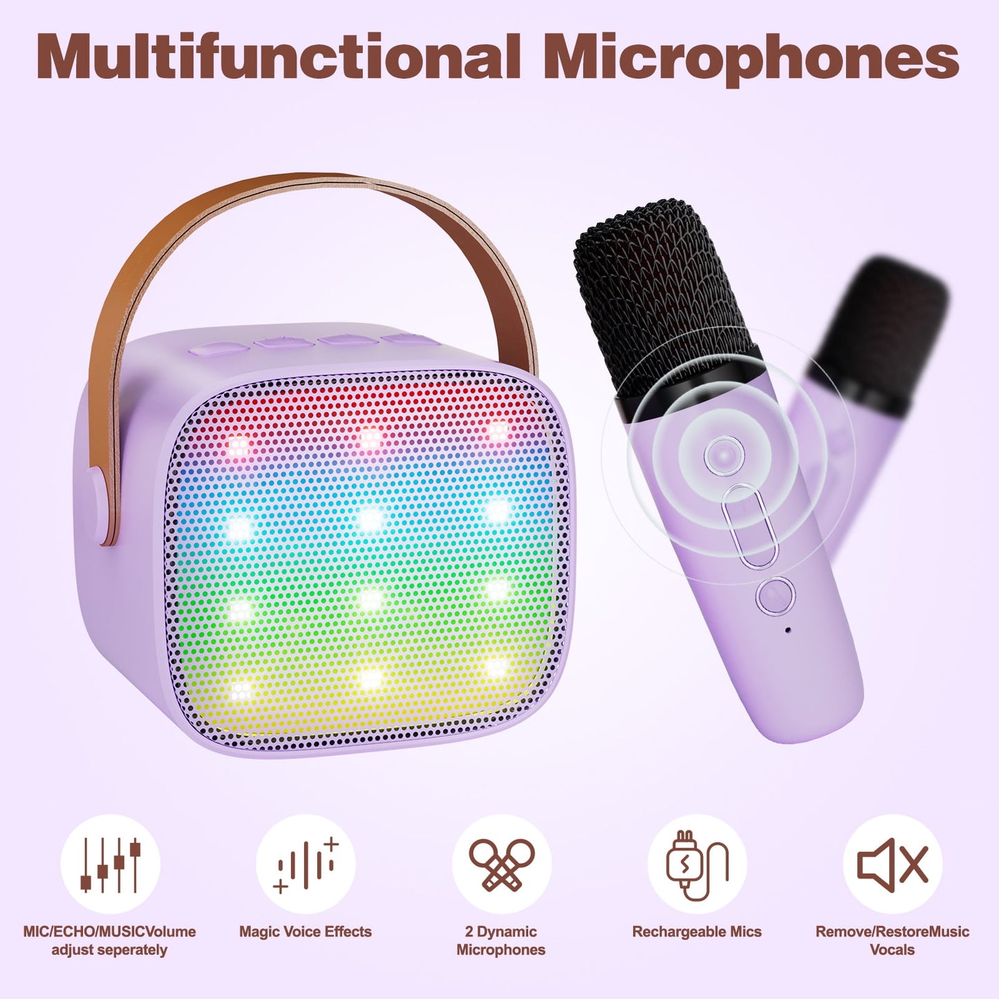 BONAOK Mini Karaoke Machine for Kids Adults, Portable Bluetooth Speaker with 2 Wireless Microphone, Karaoke Singing Gifts Toys (Pink)