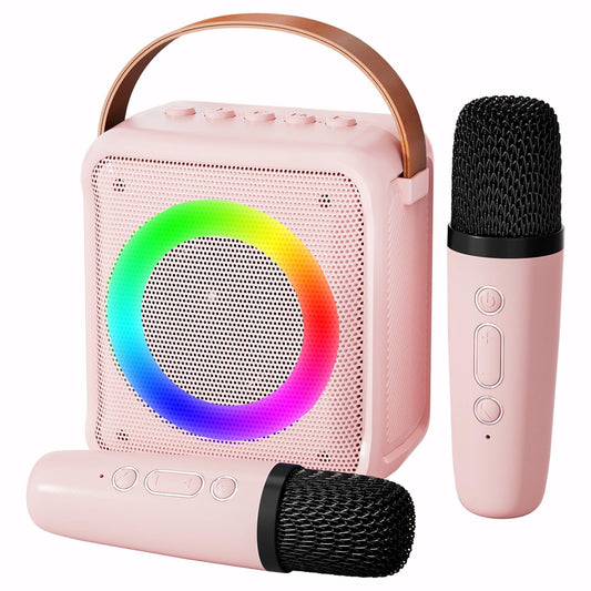 BONAOK Karaoke Machine for Kids Adults, Portable Bluetooth Speaker with 2 Wireless Mics, Microphone Speaker Set with LED Lights for Home Party, Birthday Gifts for Girls Boys(Pink)