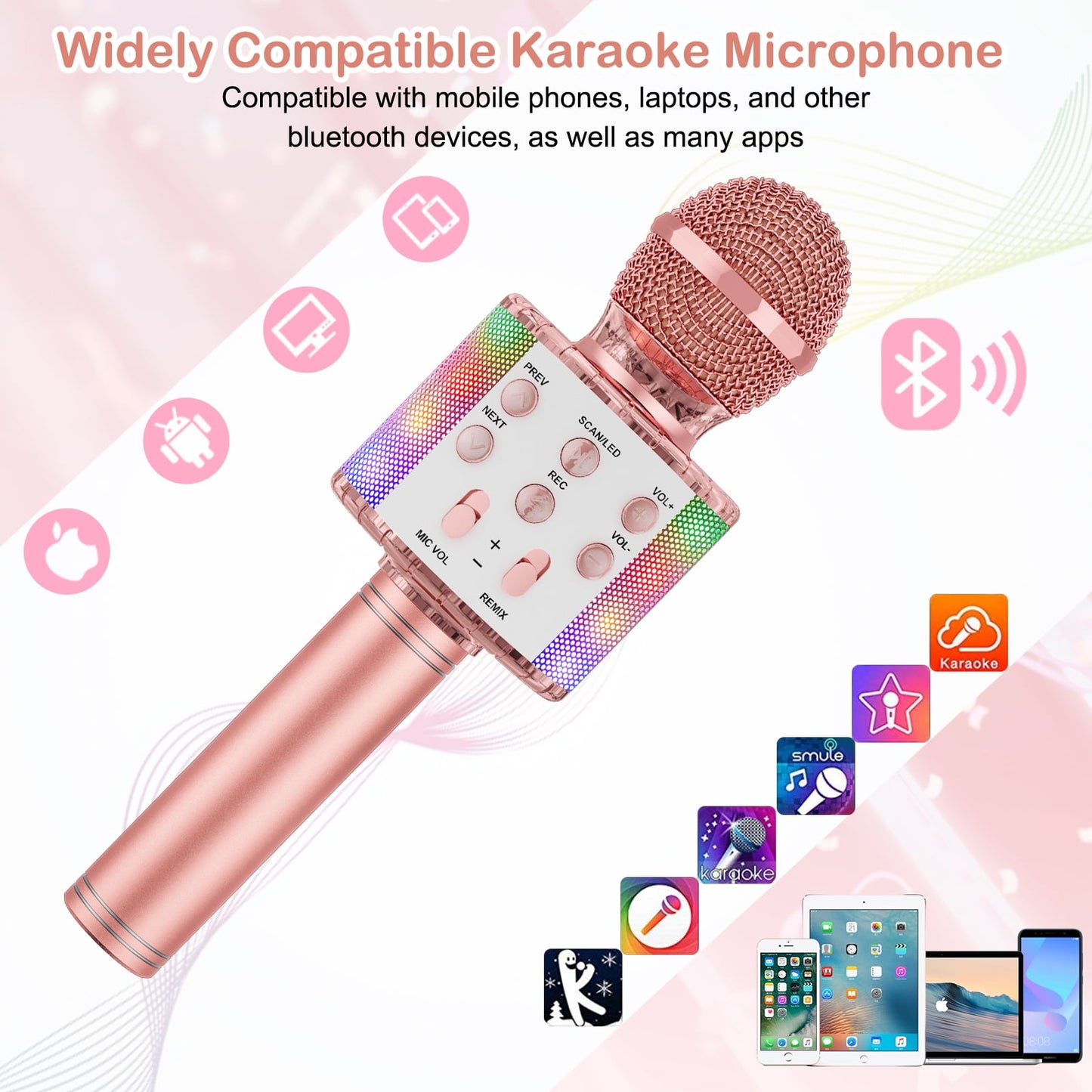 BONAOK Karaoke Microphone for Kids, Portable Wireless Bluetooth Microphone with LED Lights, Karaoke Mic Speaker Machine for Girls Boys Gifts(Rose Gold)