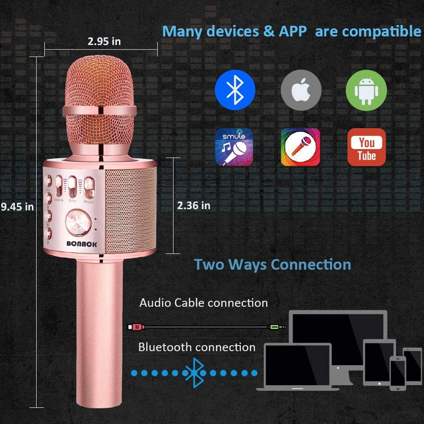 BONAOK Wireless Bluetooth Karaoke Microphone, 3-in-1 Portable Handheld Mic Speaker for All Smartphones,Gifts for Kids Adults Q37 (Rose Gold)