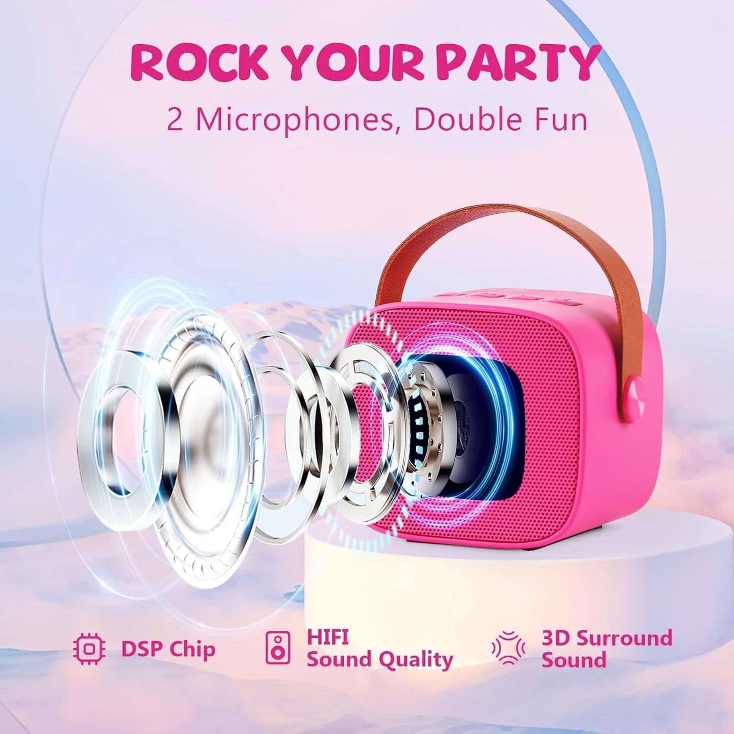 BONAOK Mini Karaoke Machine for Kids Adults, Portable Bluetooth Speaker with 2 Wireless Microphone, Karaoke Singing Gifts Toys (Pink)