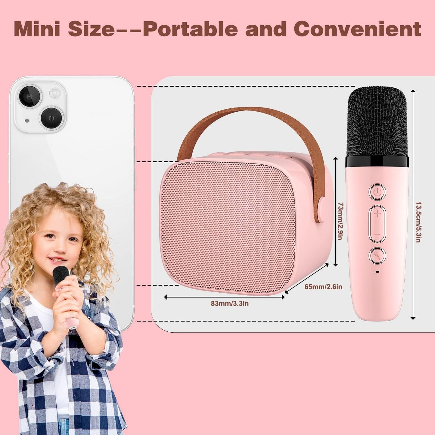 BONAOK Mini Karaoke Machine for Kids Adults, Portable Bluetooth Speaker with 2 Wireless Microphone, Karaoke Singing Gifts Toys (Pink)