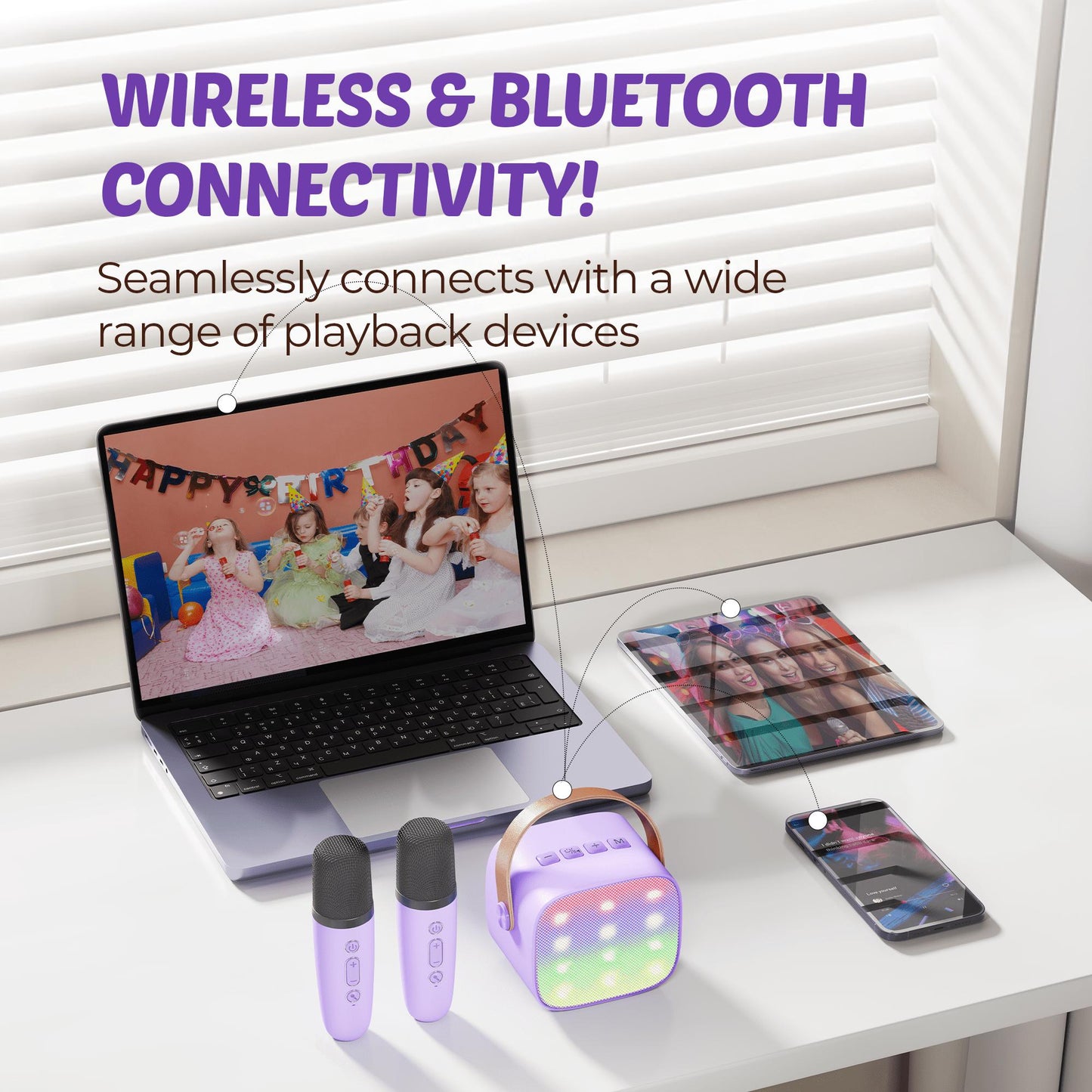 BONAKO Mini Karaoke Machine for Kids Adults, Portable Bluetooth Singing Speaker with 2 Mics, Ideal Birthday Gift for Girls Boys Home Family Party, Purple