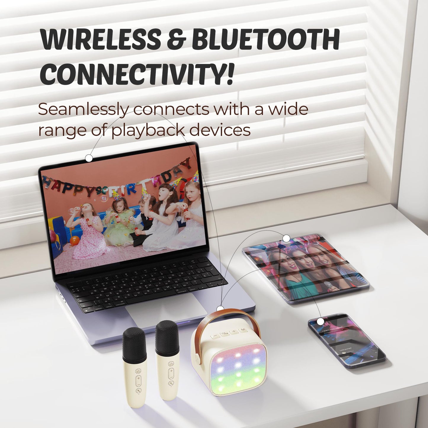 Bonaok Mini Karaoke Machine for Kids, Portable Speaker with 2 Wireless Microphones for Singing, Gift for 4-12+ Years Old Girls, Beige