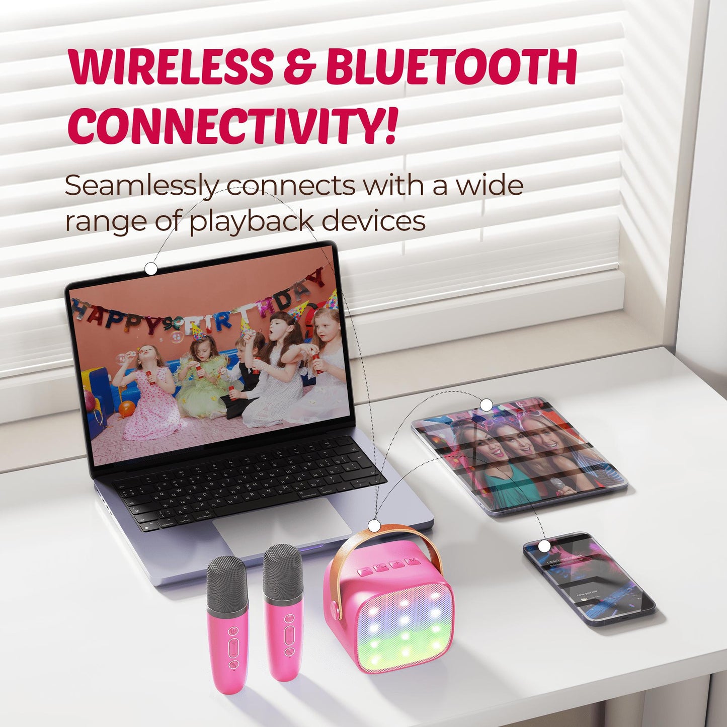 Bonaok Mini Karaoke Machine for Kids, Portable Speaker with 2 Wireless Microphones for Singing, Gift for 4-12+ Years Old Girls, Rose