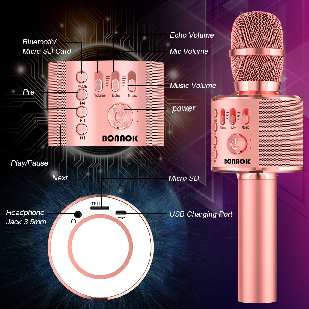 BONAOK Wireless Bluetooth Karaoke Microphone, 3-in-1 Portable Handheld Mic Speaker for All Smartphones,Gifts for Kids Adults Q37 (Rose Gold)