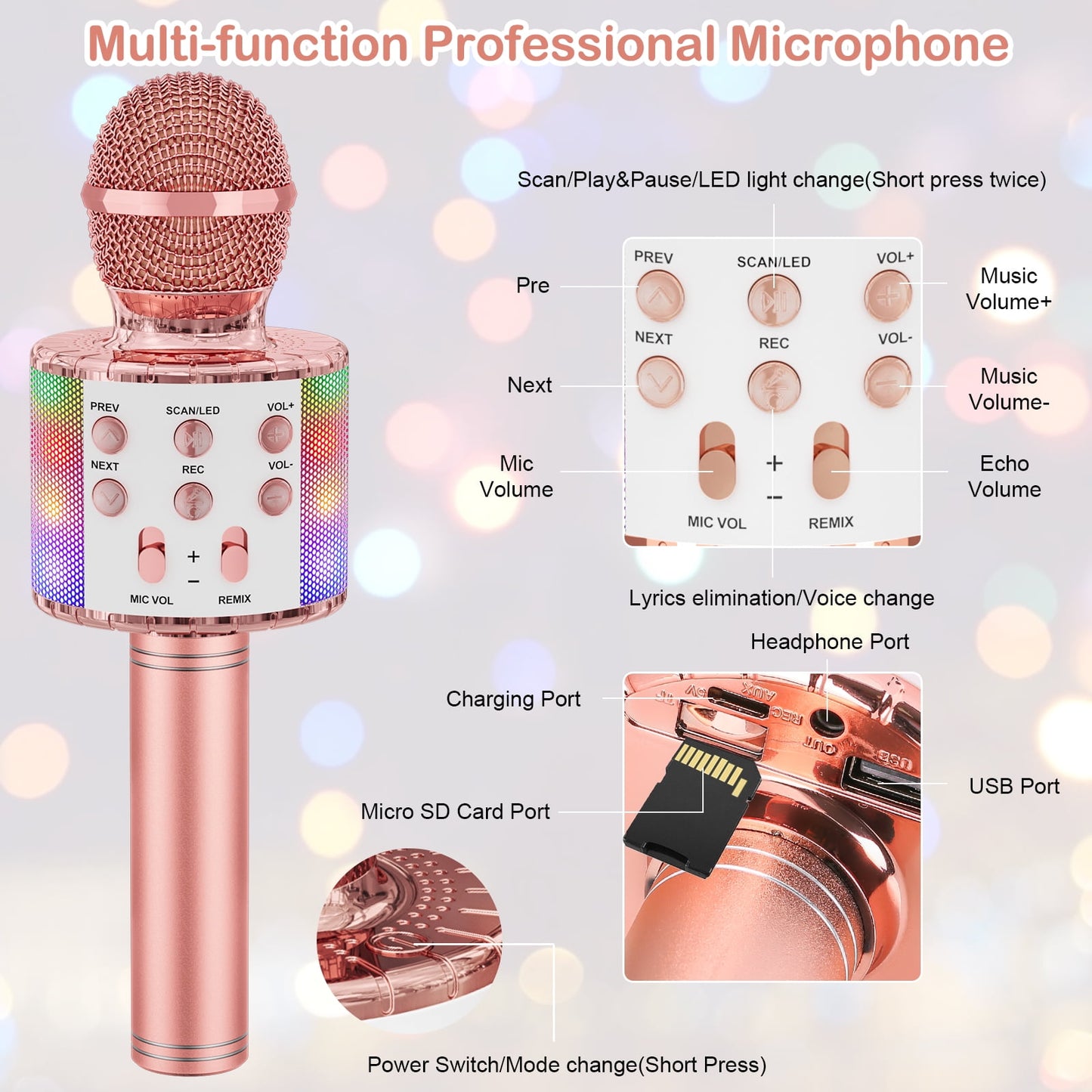 BONAOK Karaoke Microphone for Kids, Portable Wireless Bluetooth Microphone with LED Lights, Karaoke Mic Speaker Machine for Girls Boys Gifts(Rose Gold)