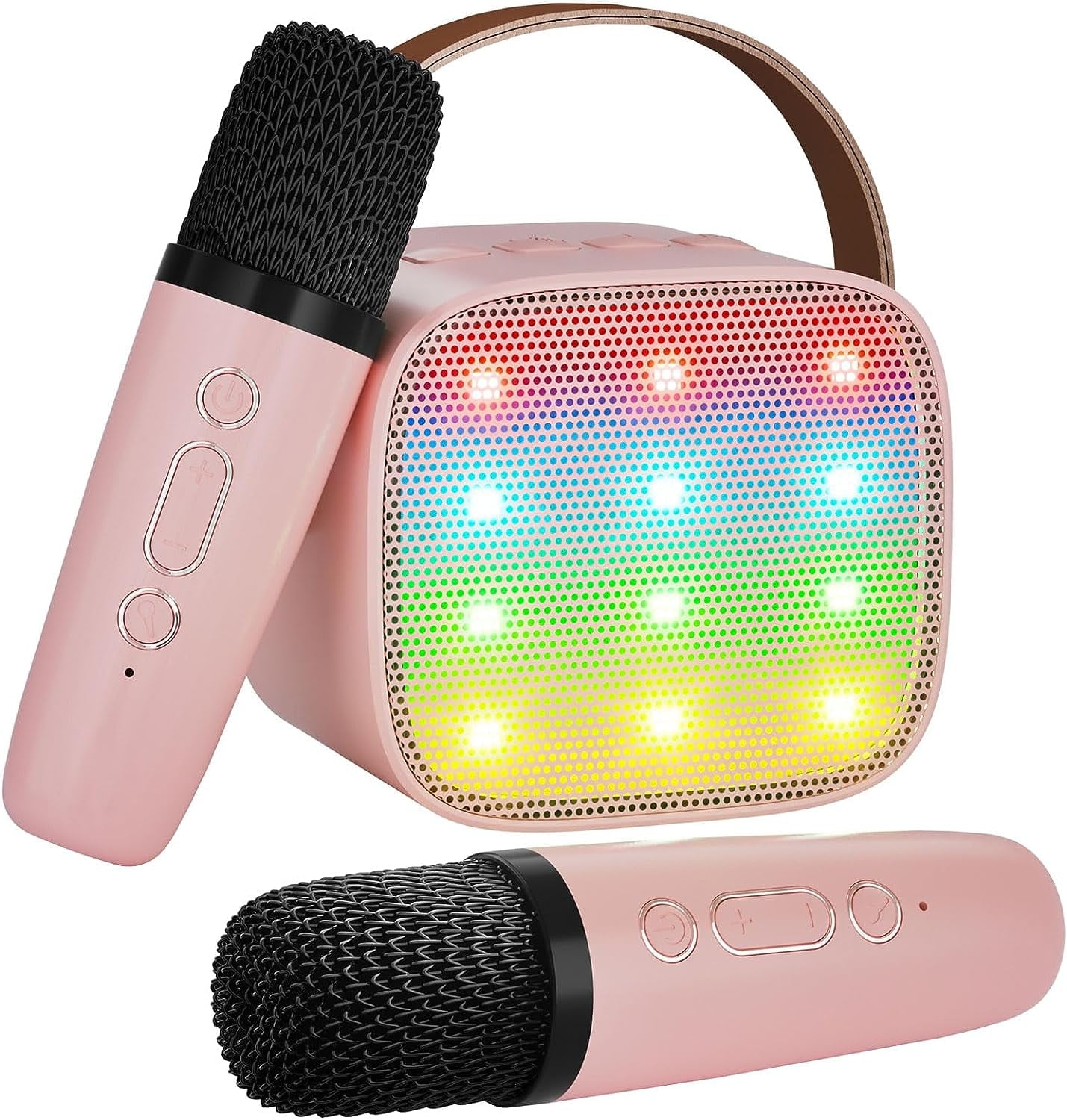 BONAOK Mini Karaoke Machine for Kids Adults, Portable Bluetooth Speaker with 2 Wireless Microphone, Karaoke Singing Gifts Toys (Pink)