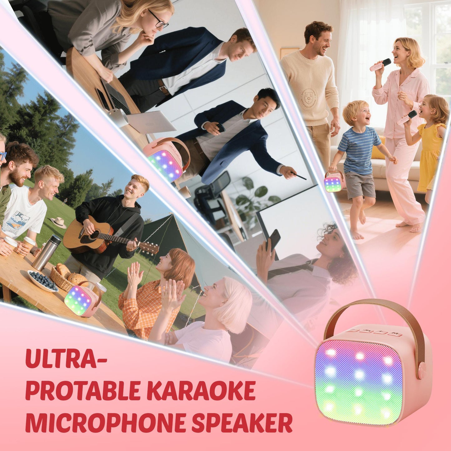 BONAOK Mini Karaoke Machine for Kids Adults, Portable Bluetooth Singing Speaker with 2 Mics, Ideal Birthday Gift for Girls Boys Home Family Party, Pink