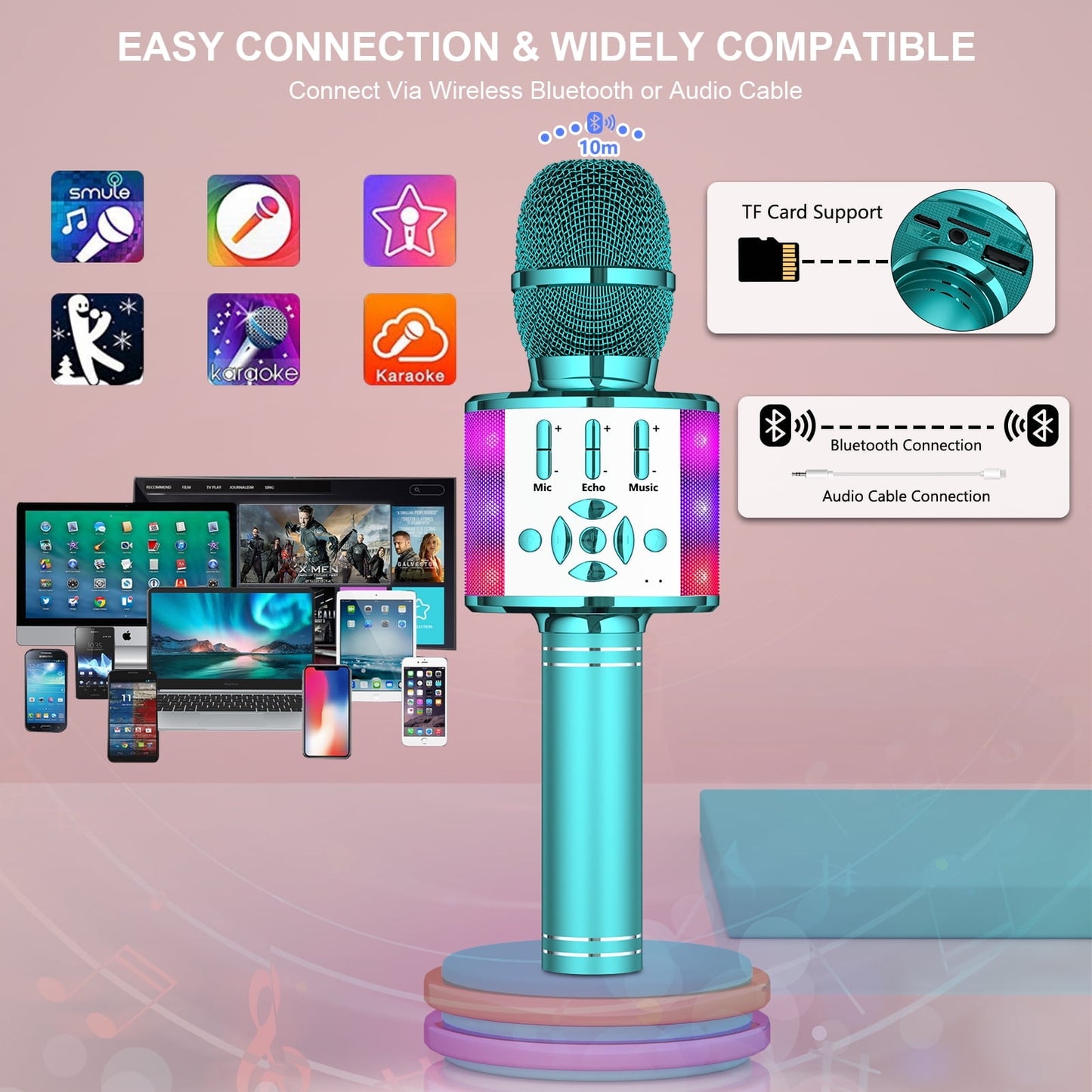 Wireless Karaoke Microphone for Kids, Portable Handheld Karaoke Machine with LED Lights, Children's Day Birthday Gift for Girls Boys (Light Blue)