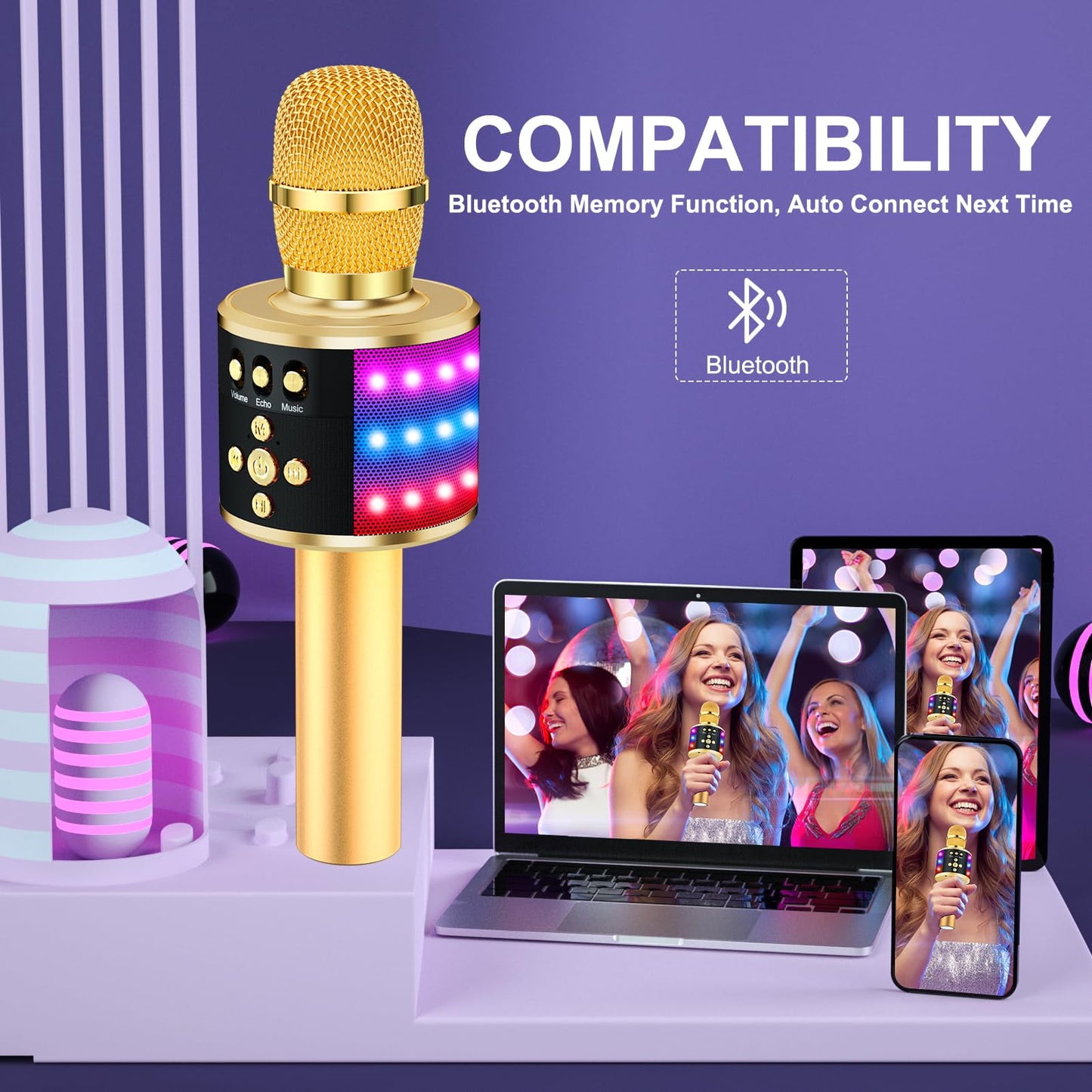 BONAOK Bluetooth Wireless Karaoke Microphone with LED Lights,4-in-1 Portable Handheld Mic with Speaker Karaoke Player for Singing Home Party Toys Birthday Gift for Kids Adults Q78(Rose Gold)