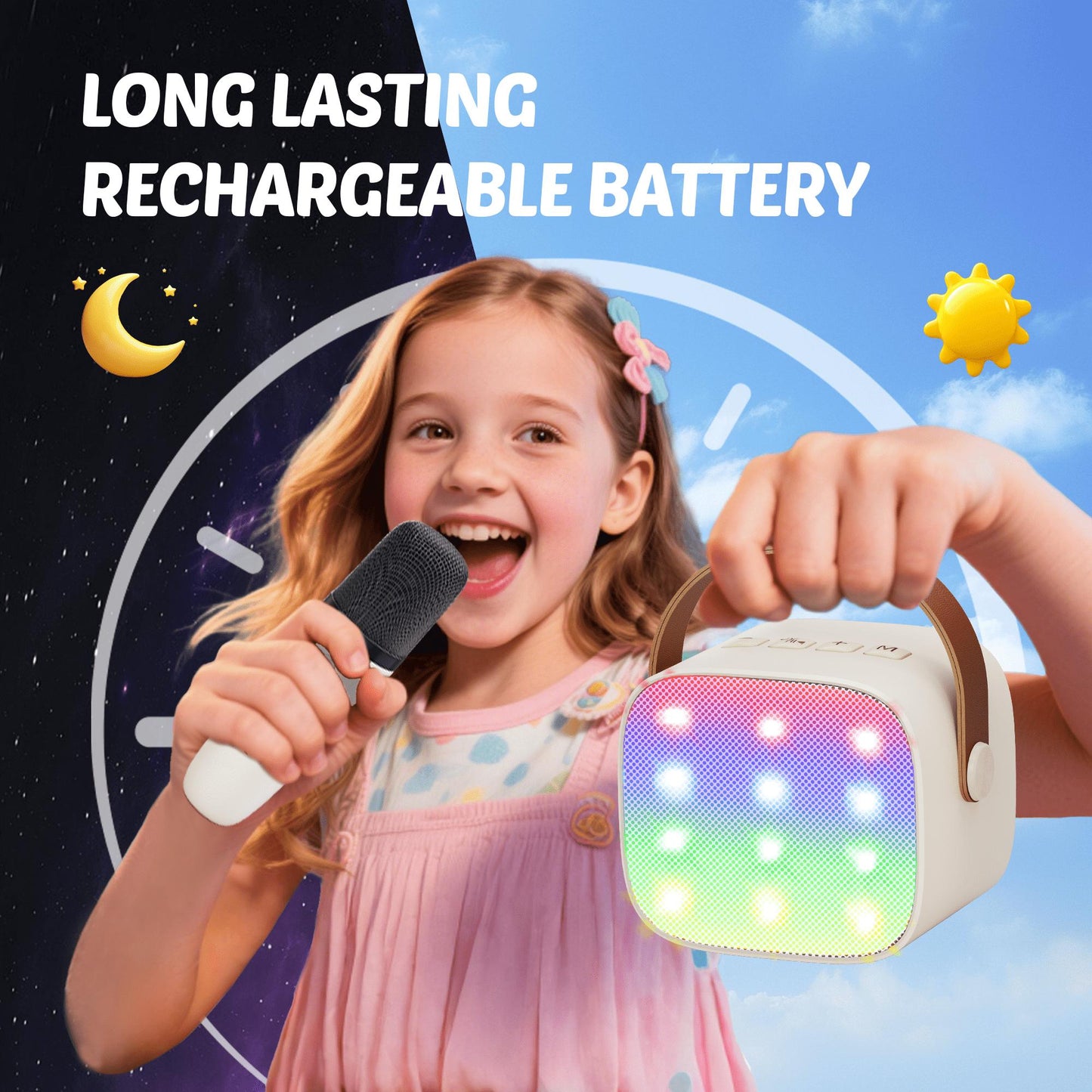 Bonaok Mini Karaoke Machine for Kids, Portable Speaker with 2 Wireless Microphones for Singing, Gift for 4-12+ Years Old Girls, Beige