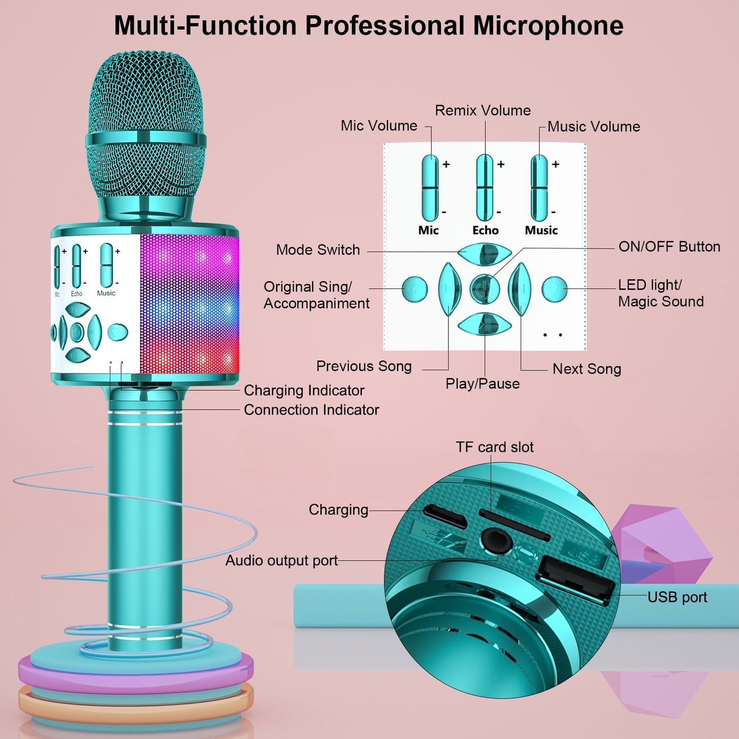 Wireless Karaoke Microphone for Kids, Portable Handheld Karaoke Machine with LED Lights, Children's Day Birthday Gift for Girls Boys (Light Blue)