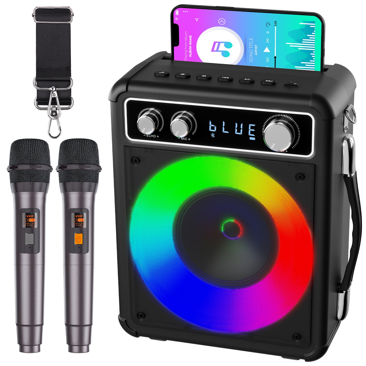 BONAOK Karaoke Machine with 2 Wireless Microphones, Bluetooth Portable Speaker with Mics PA System for Adult and Kids