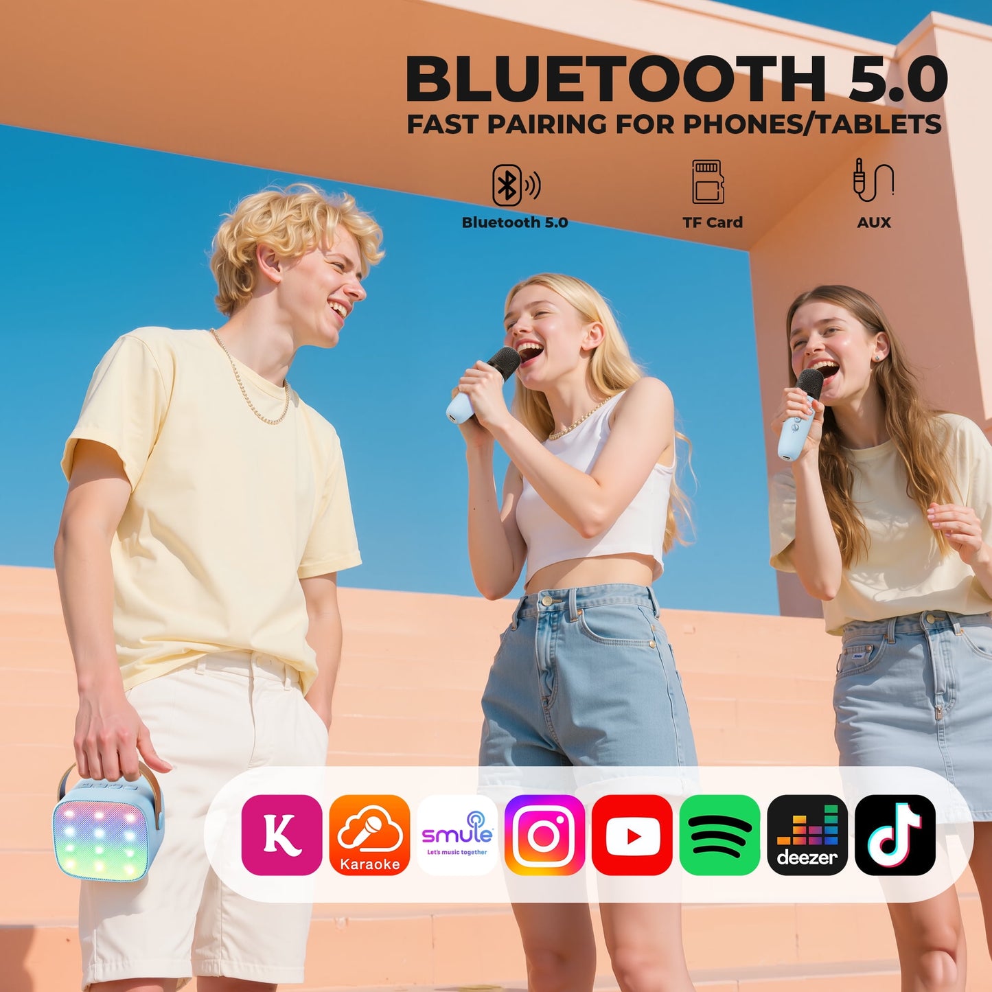 BONAOK Mini Karaoke Machine for Kids Adults, Portable Bluetooth Singing Speaker with 2 Mics, Ideal Birthday Gift for Girls Boys Home Family Party, Blue