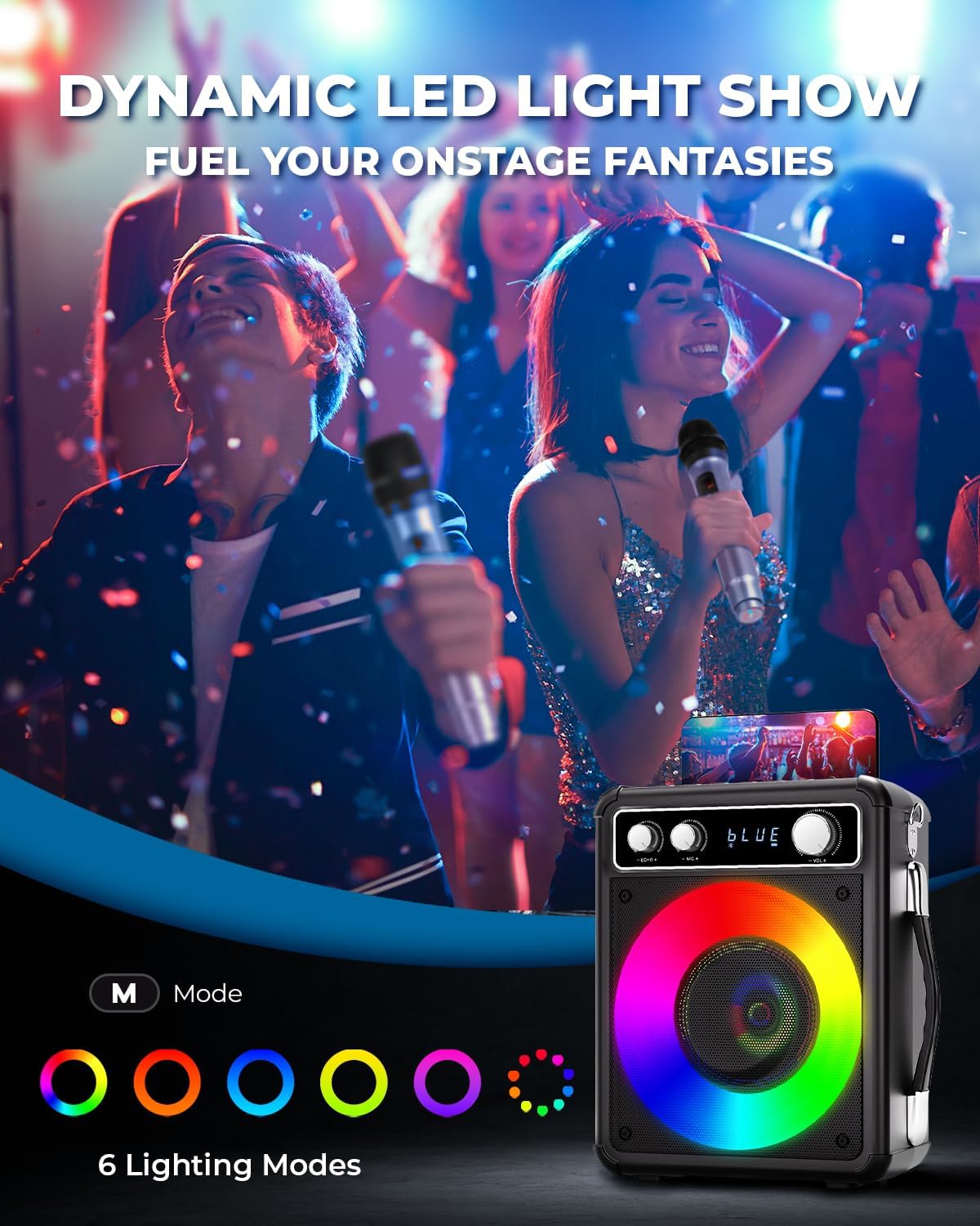 BONAOK Karaoke Machine, Portable Bluetooth Speaker with 2 Wireless Microphones, PA System for Adults Kids with LED Lights, Supports TWS/REC/FM/AUX/USB/TF for Home Party