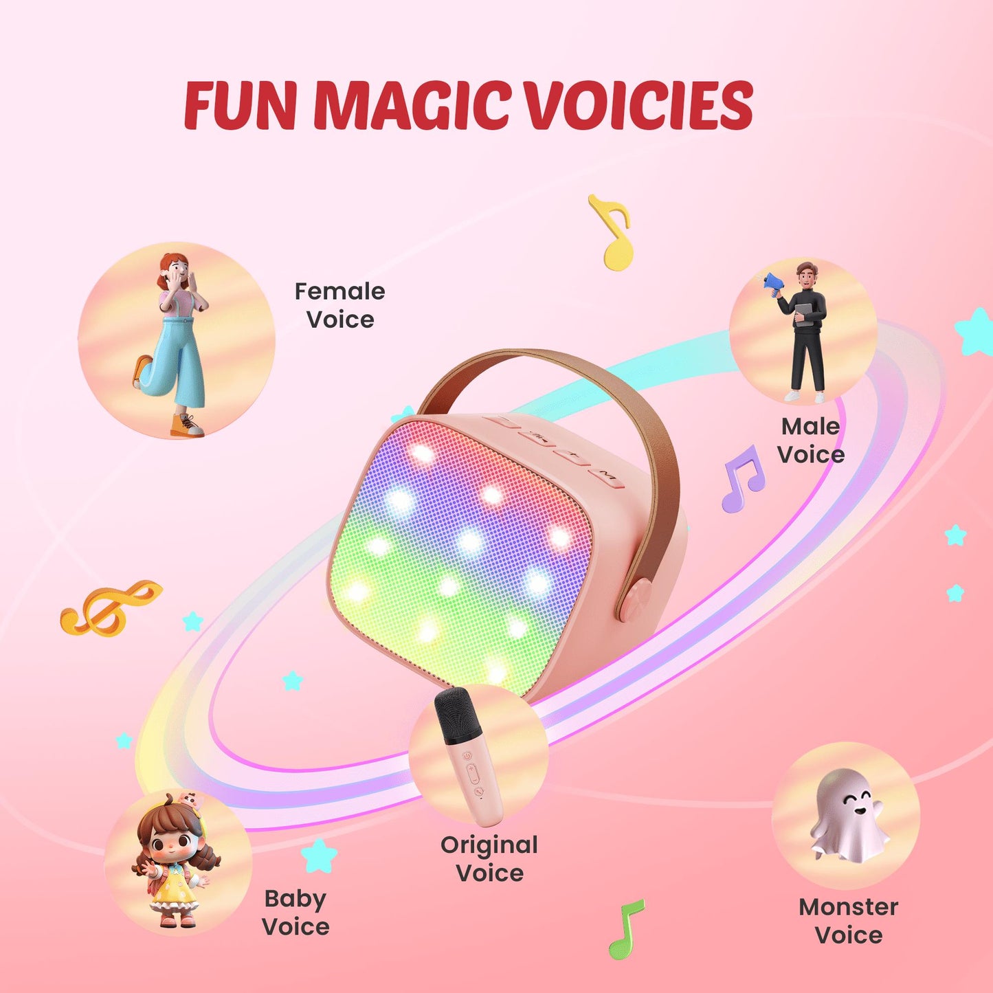 BONAOK Mini Karaoke Machine for Kids Adults, Portable Bluetooth Singing Speaker with 2 Mics, Ideal Birthday Gift for Girls Boys Home Family Party, Pink