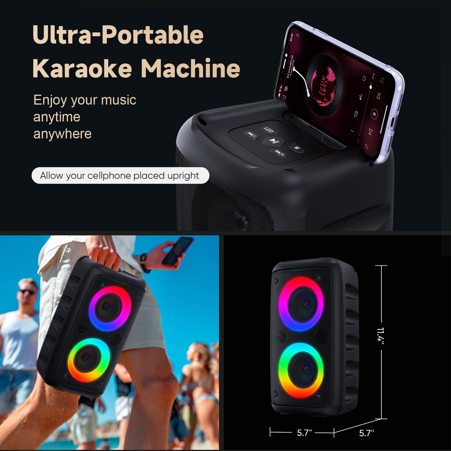 BONAOK Portable Karaoke Machine with 2 Handheld Microphones Speaker Lights TWS, AUX, Rechargeable