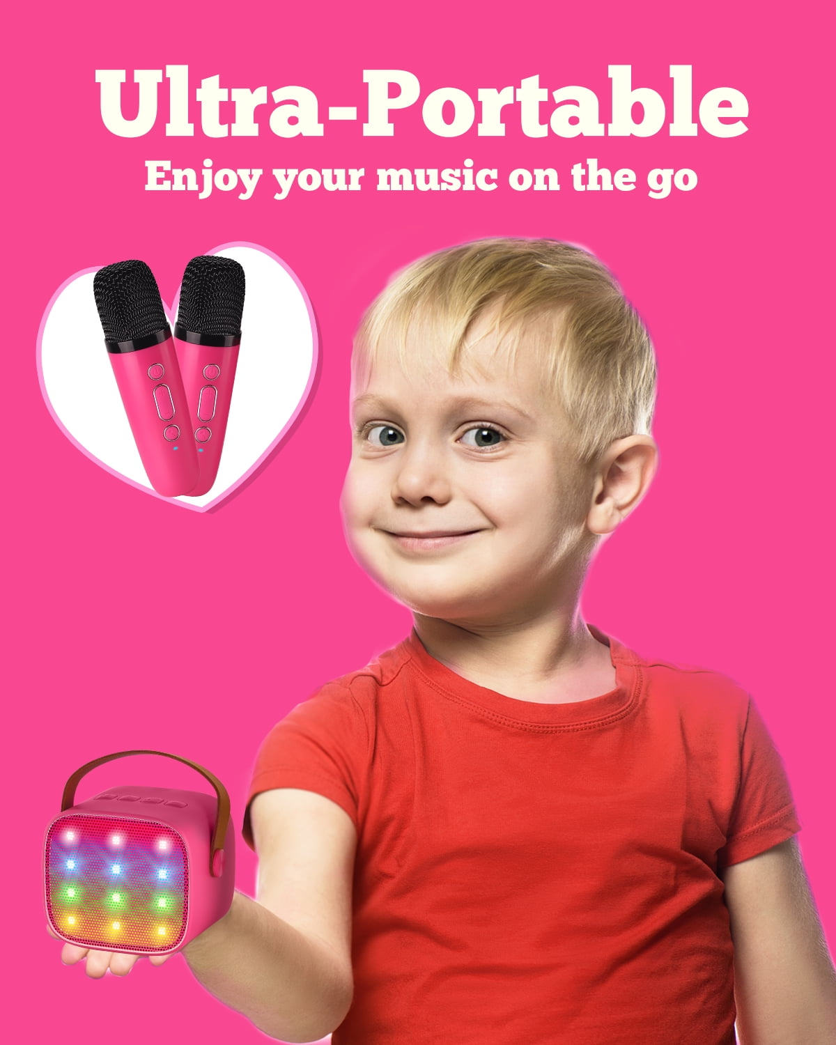 BONAOK Mini Karaoke Machine for Kids Adults, Portable Bluetooth Speaker with 2 Wireless Microphone, Karaoke Singing Gifts Toys (Pink)