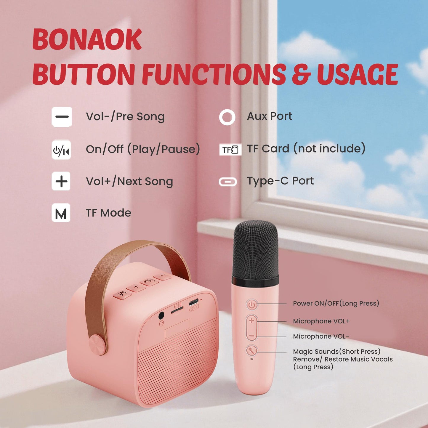 BONAOK Mini Karaoke Machine for Kids Adults, Portable Bluetooth Singing Speaker with 2 Mics, Ideal Birthday Gift for Girls Boys Home Family Party, Pink