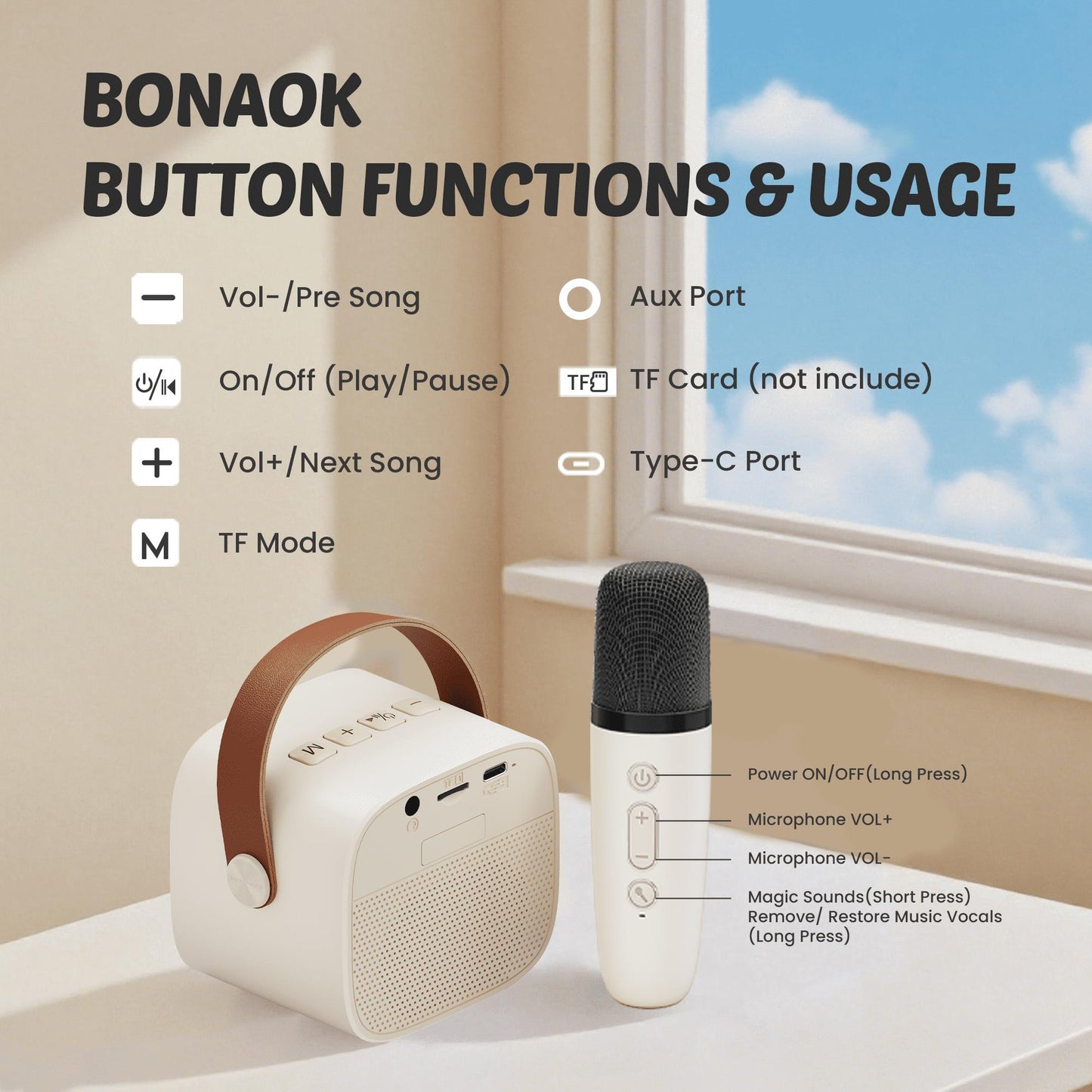 Bonaok Mini Karaoke Machine for Kids, Portable Speaker with 2 Wireless Microphones for Singing, Gift for 4-12+ Years Old Girls, Beige