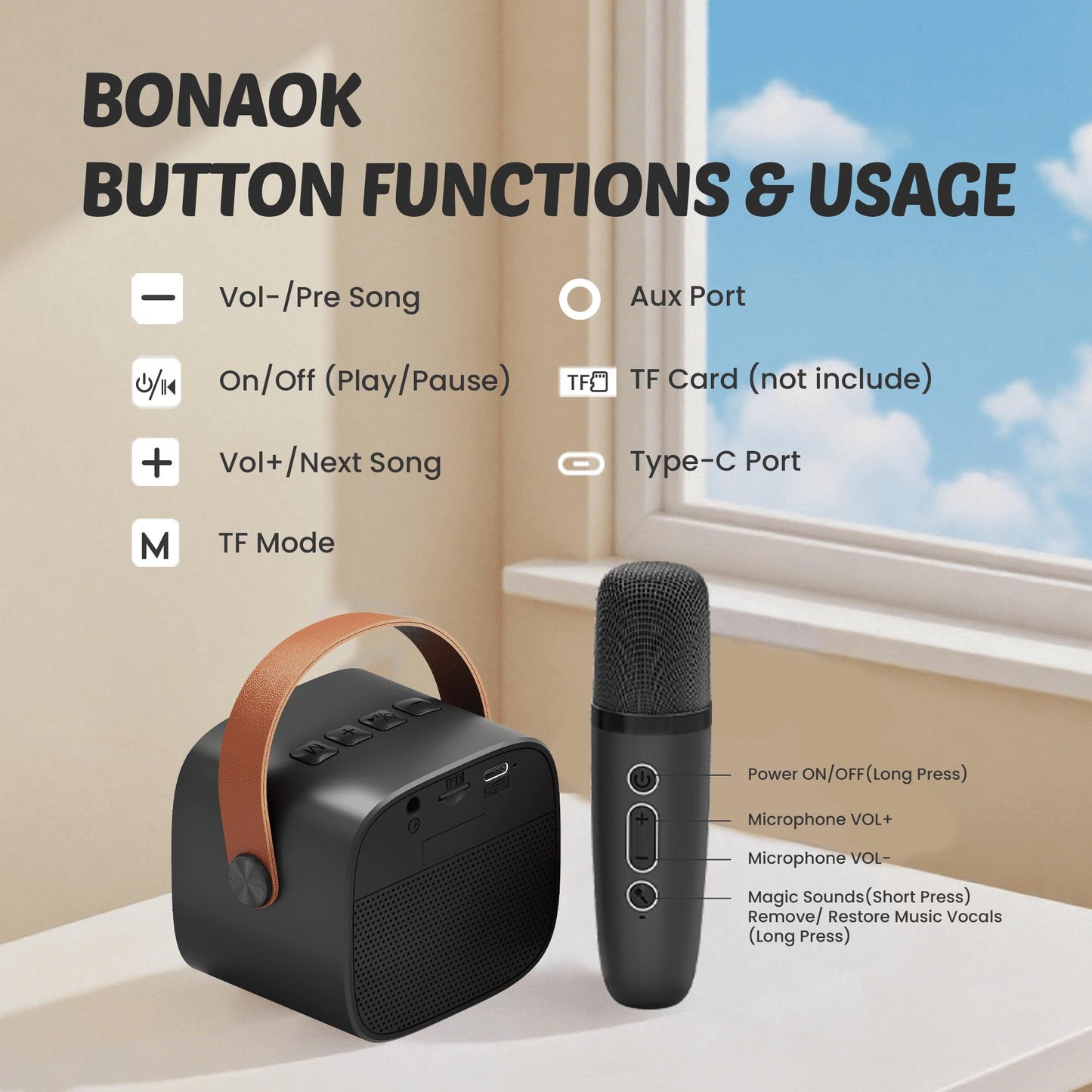 BONAOK Mini Karaoke Machine for Kids Adults, Portable Bluetooth Singing Speaker with 2 Mics, Ideal Birthday Gift for Girls Boys Home Family Party, Black