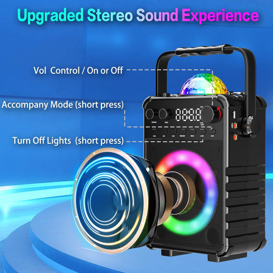 BONAOK Karaoke Machine with 2 Wireless Microphones, Portable Bluetooth Speaker with for Adults Kids Singing Machine with Disco LED Lights Gifts for Girls Boys Home Party