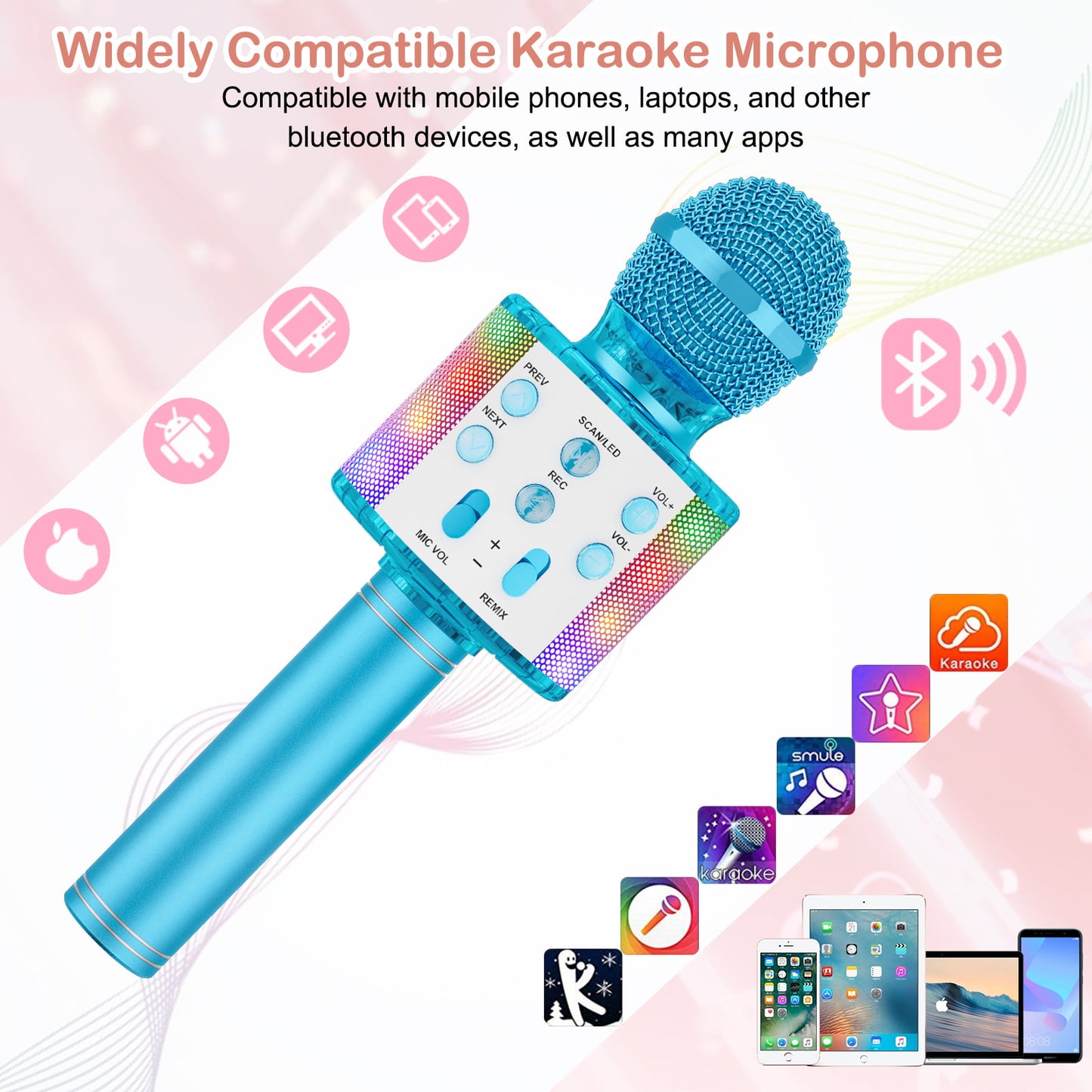 BONAOK Karaoke Microphone for Kids, Portable Wireless Bluetooth Microphone with LED Lights, Karaoke Mic Speaker Machine for Girls Boys Gifts(Rose Gold)