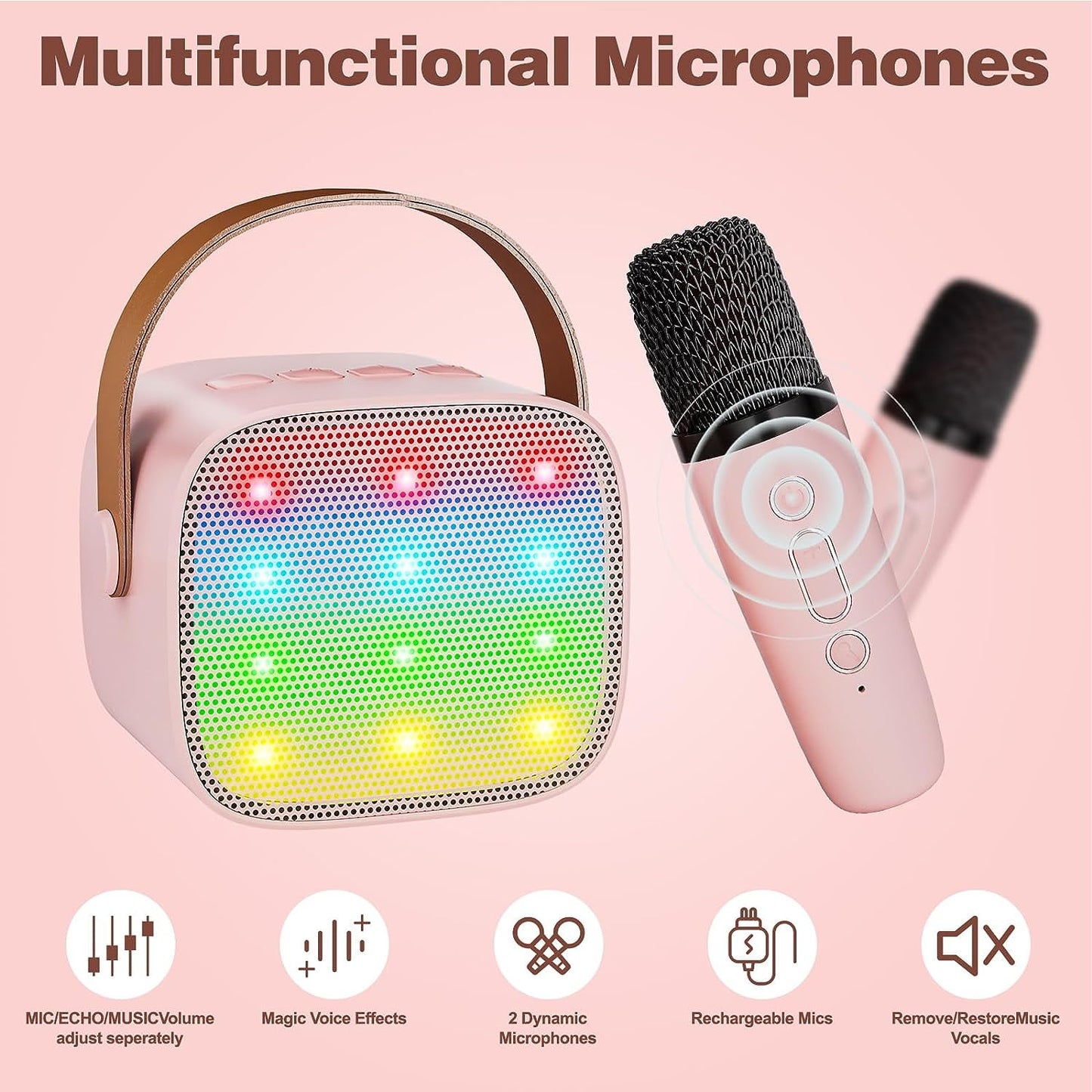 BONAOK Mini Karaoke Machine for Kids Adults, Portable Bluetooth Speaker with 2 Wireless Microphone, Karaoke Singing Gifts Toys (Pink)