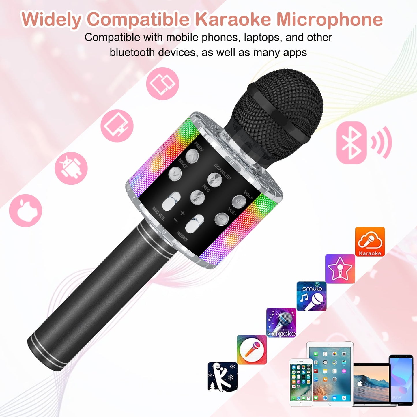 BONAOK Karaoke Microphone for Kids, Portable Wireless Bluetooth Microphone with LED Lights, Karaoke Mic Speaker Machine for Girls Boys Gifts(Rose Gold)