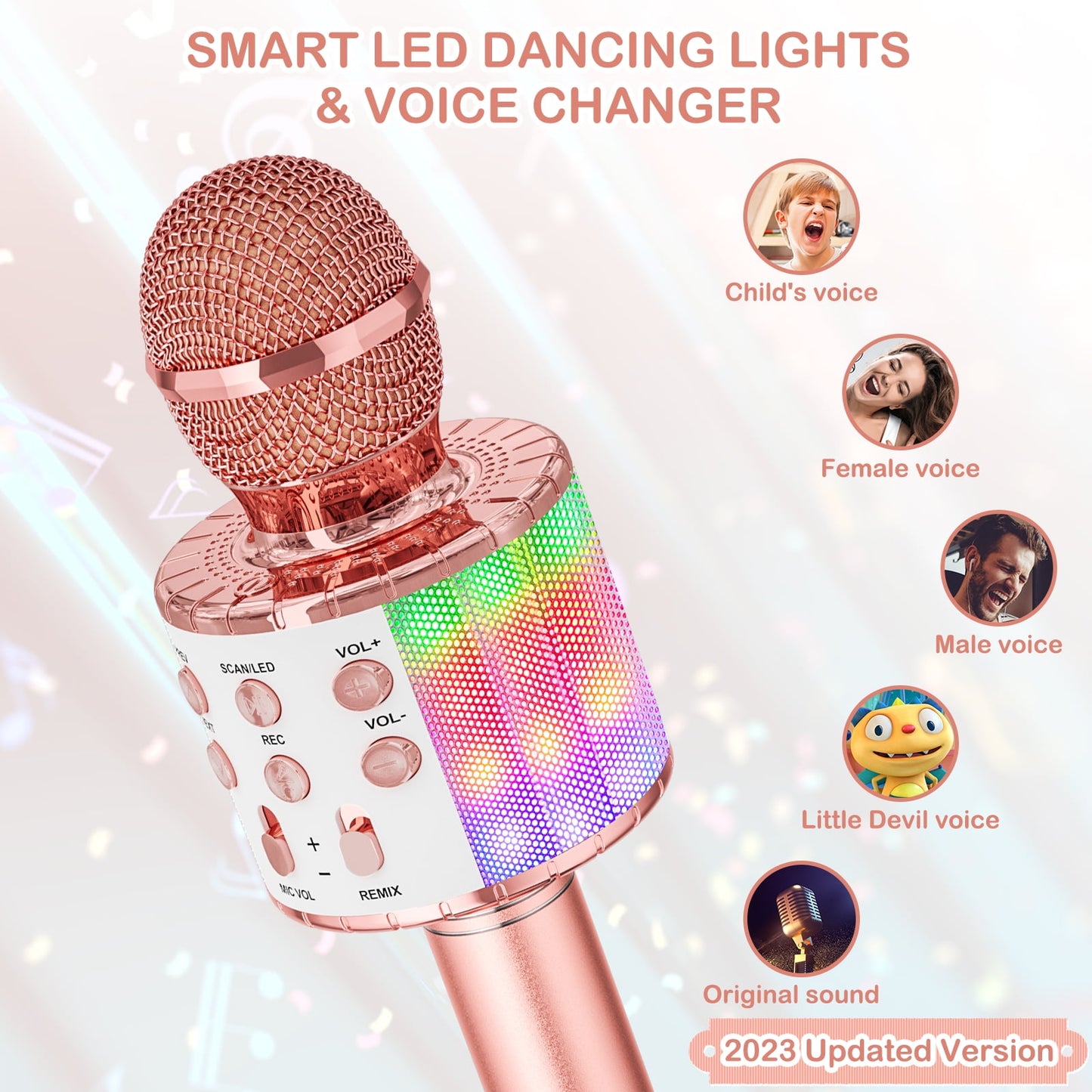 BONAOK Karaoke Microphone for Kids, Portable Wireless Bluetooth Microphone with LED Lights, Karaoke Mic Speaker Machine for Girls Boys Gifts(Rose Gold)