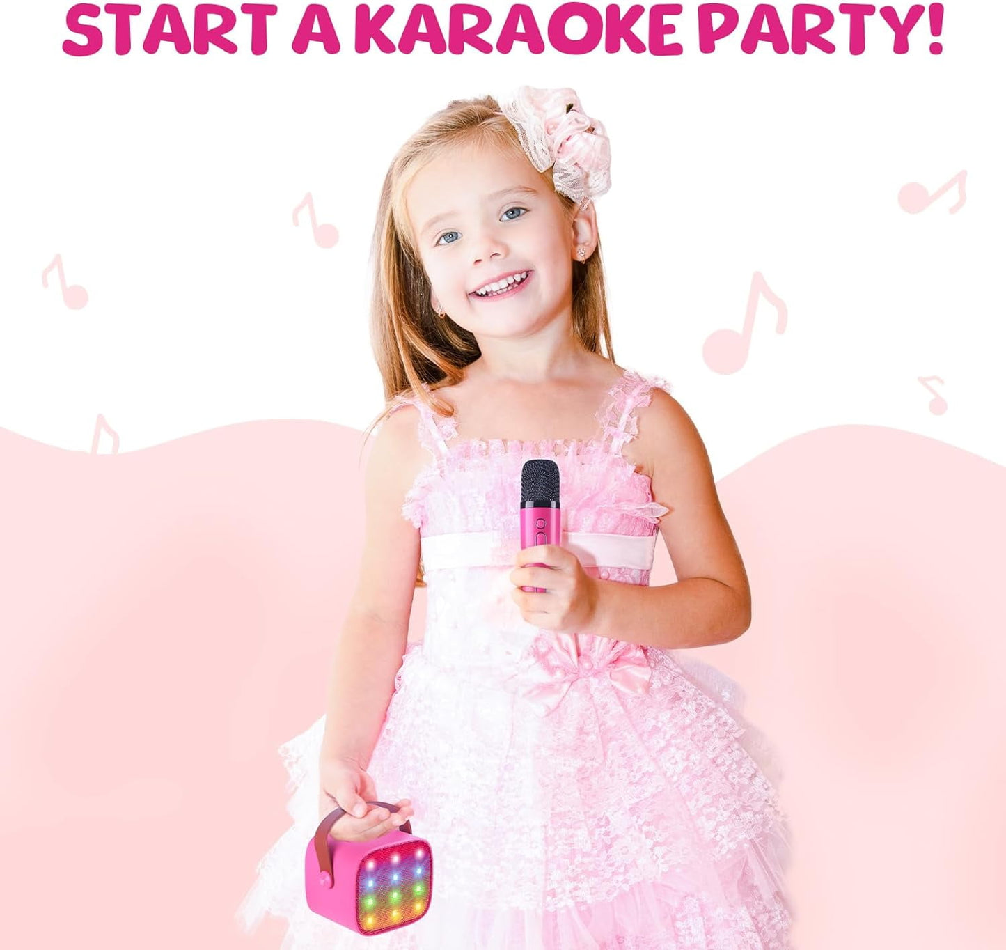 BONAOK Mini Karaoke Machine for Kids Adults, Portable Bluetooth Speaker with 2 Wireless Microphone, Karaoke Singing Gifts Toys (Pink)