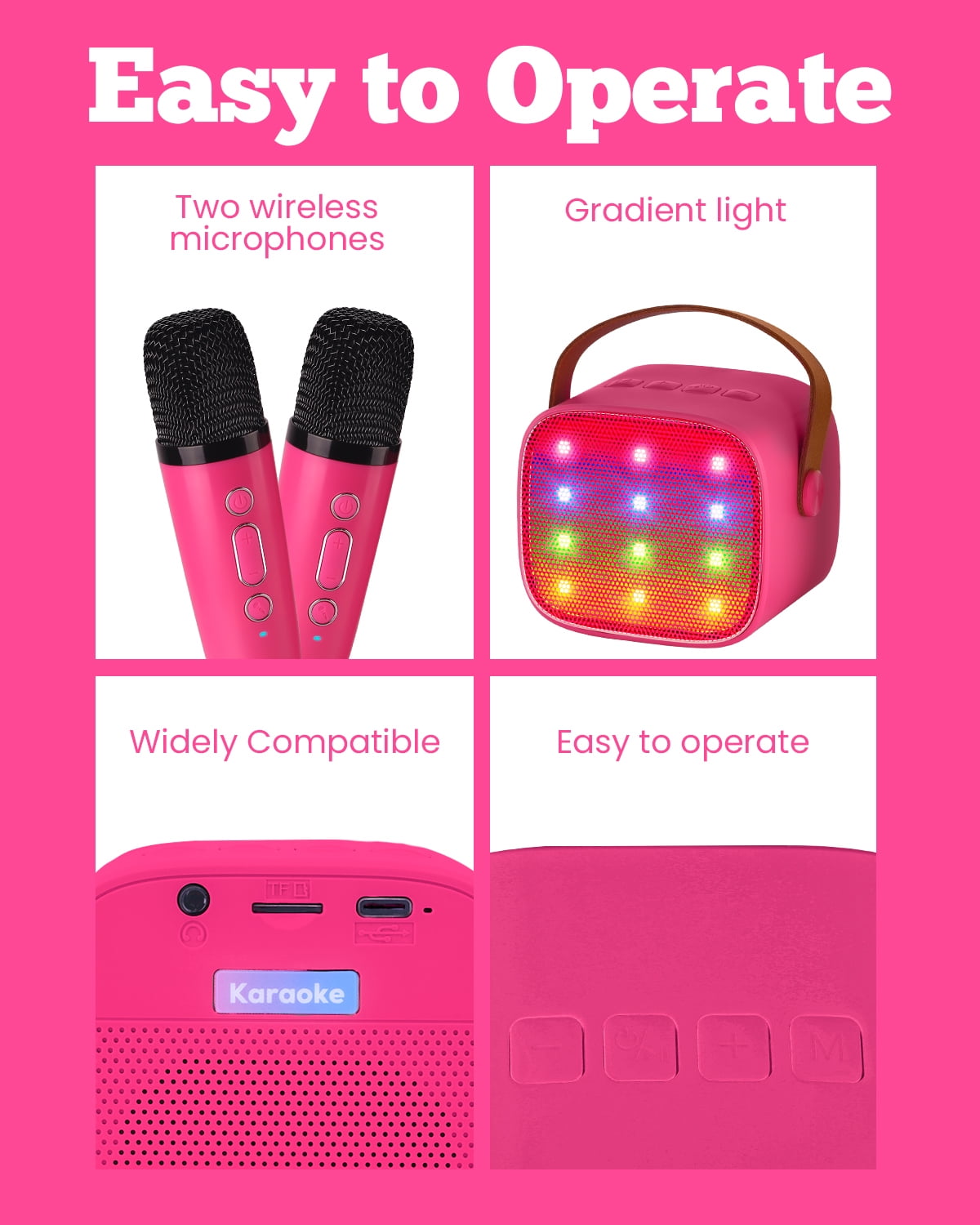 BONAOK Mini Karaoke Machine for Kids Adults, Portable Bluetooth Speaker with 2 Wireless Microphone, Karaoke Singing Gifts Toys (Pink)