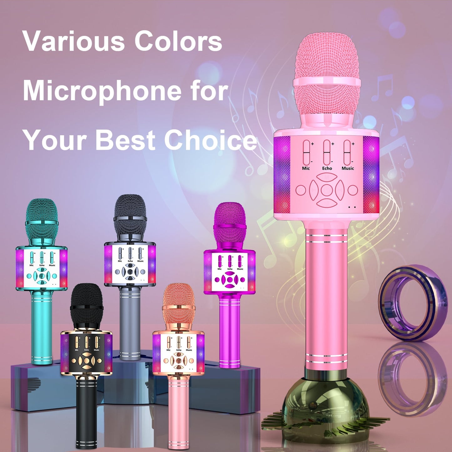 BONAOK Karaoke Microphone For Kids Adults, Wireless Bluetooth Microphone for Singing, Portable Karaoke Machine Handheld with LED Lights, Gift for Teens Girl Boys Adults Birthday Party(Rose Gold)