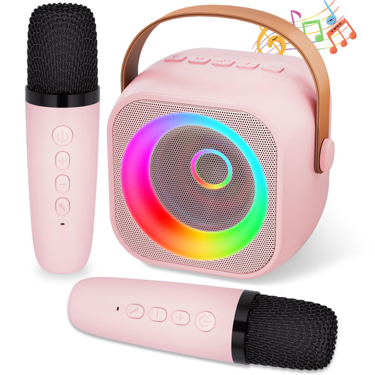 Karaoke Machine for Kids Adults,Mini Portable Bluetooth Speaker with 2 Wireless Microphone, Karaoke Toys Birthday Gifts for Girls Boys 3-12 Years Old Toddler Toys(Pink)