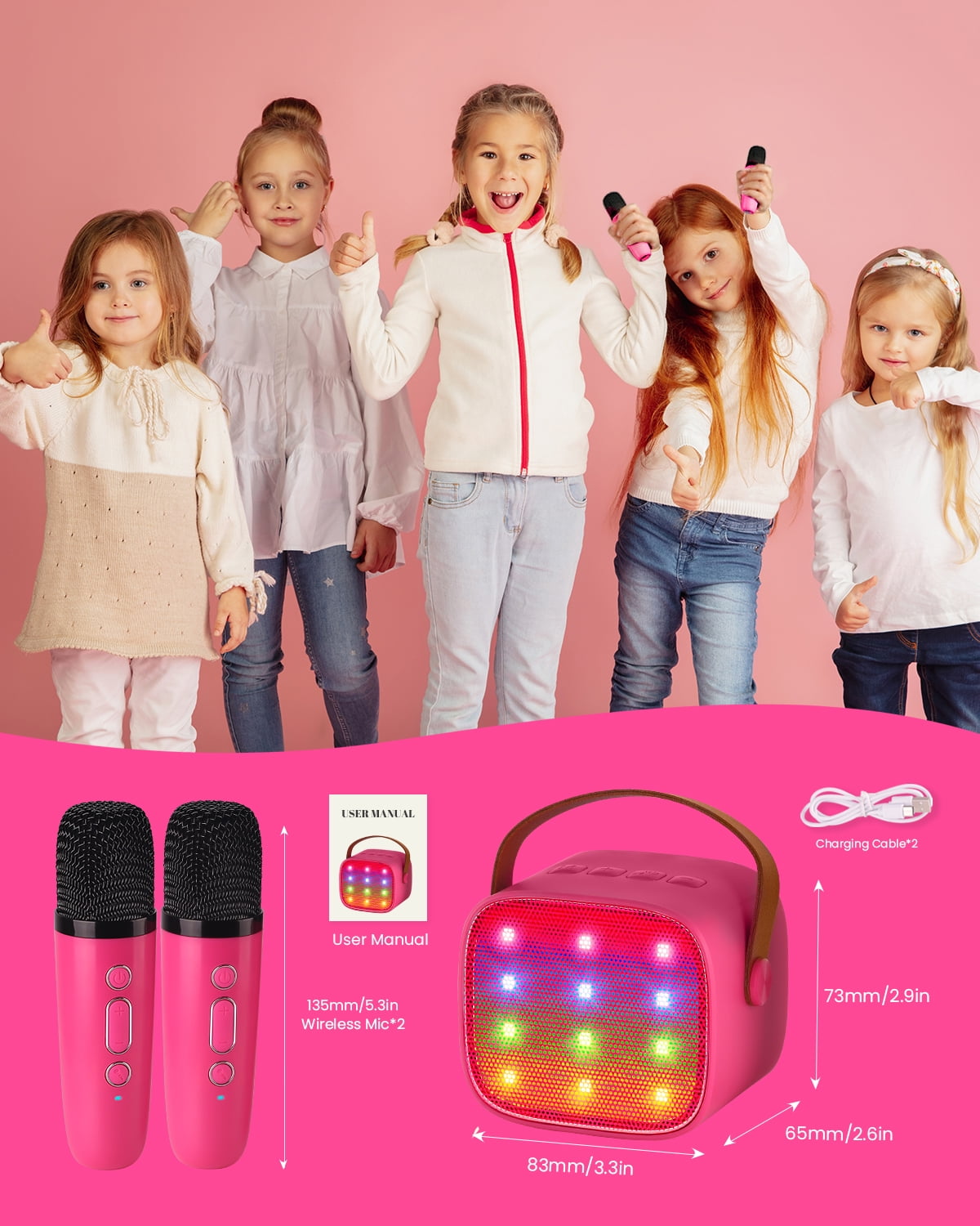 BONAOK Mini Karaoke Machine for Kids Adults, Portable Bluetooth Speaker with 2 Wireless Microphone, Karaoke Singing Gifts Toys (Pink)