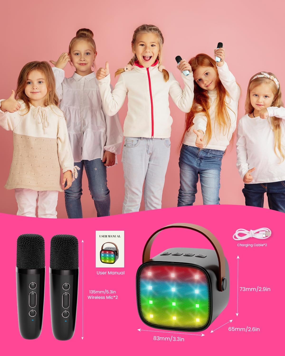 BONAOK Mini Karaoke Machine for Kids Adults, Portable Bluetooth Speaker with 2 Wireless Microphone, Karaoke Singing Gifts Toys (Pink)