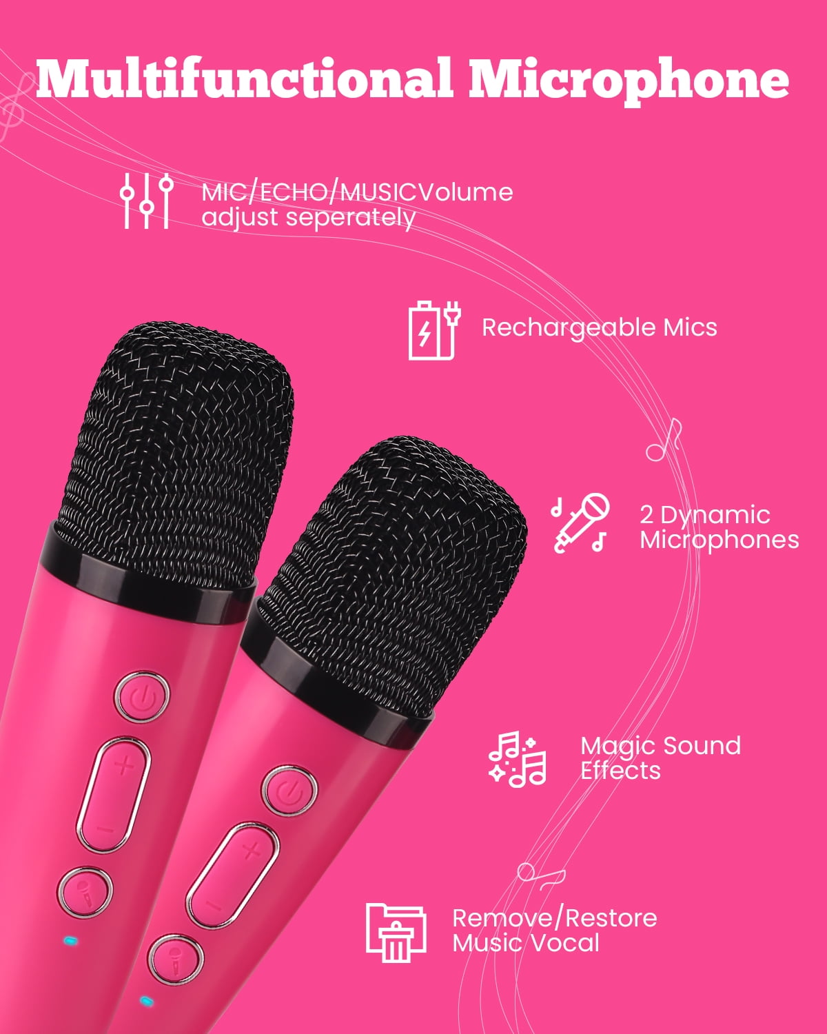 BONAOK Mini Karaoke Machine for Kids Adults, Portable Bluetooth Speaker with 2 Wireless Microphone, Karaoke Singing Gifts Toys (Pink)