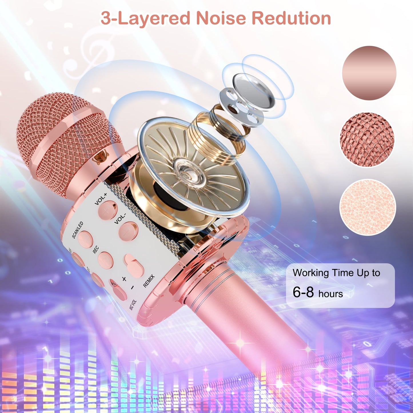 BONAOK Karaoke Microphone for Kids, Portable Wireless Bluetooth Microphone with LED Lights, Karaoke Mic Speaker Machine for Girls Boys Gifts(Rose Gold)