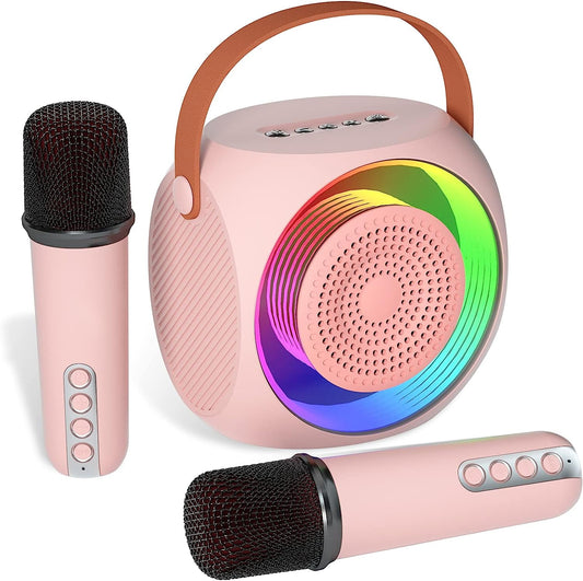 BONAOK Mini Karaoke Machine for Kids Adults, Portable Karaoke Speaker with 2 Wilreless Microphones and Bluetooth for Home Party, Birthday Gifts for Boys/Girls(Pink)